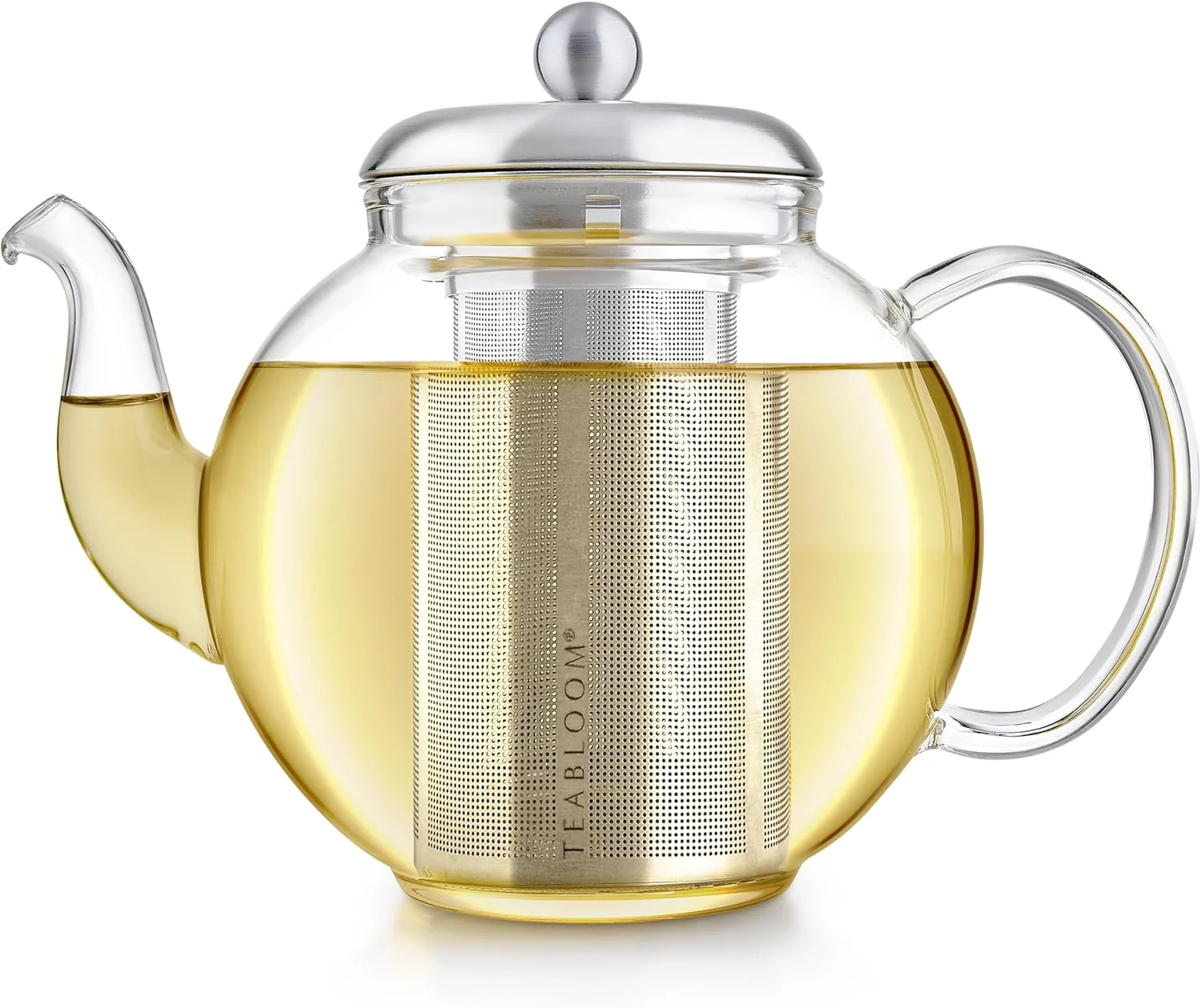 Flexible Teabloom Heritage Borosilicate Glass Teapot – 40 oz Classic Round Design with Stainless Steel Infuser – Stovetop Safe Drip- Spout Comfortable