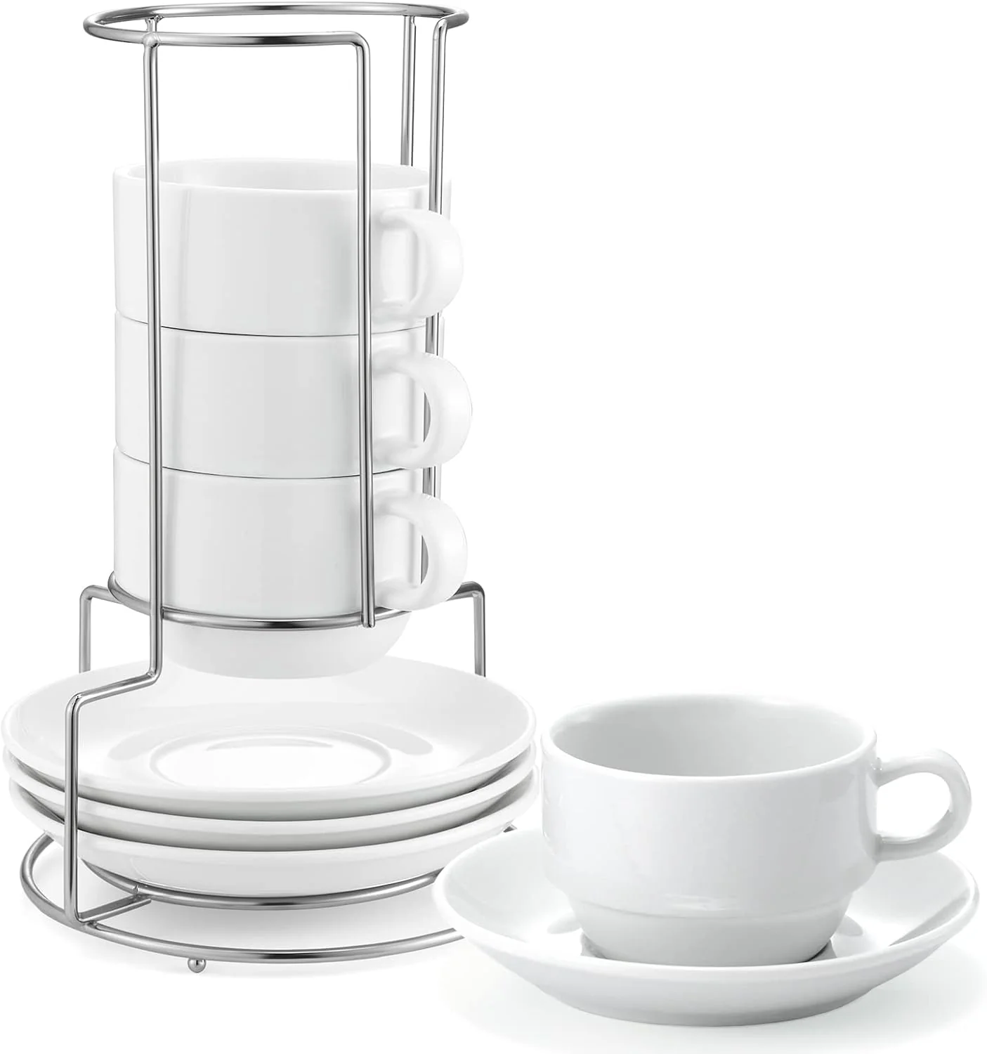 High-Quality Yedio Porcelain 4 oz Espresso Coffee Cups with Saucers and Metal Stand Porcelain White Stackable Cappuccino Cups Set of 4 Consistent