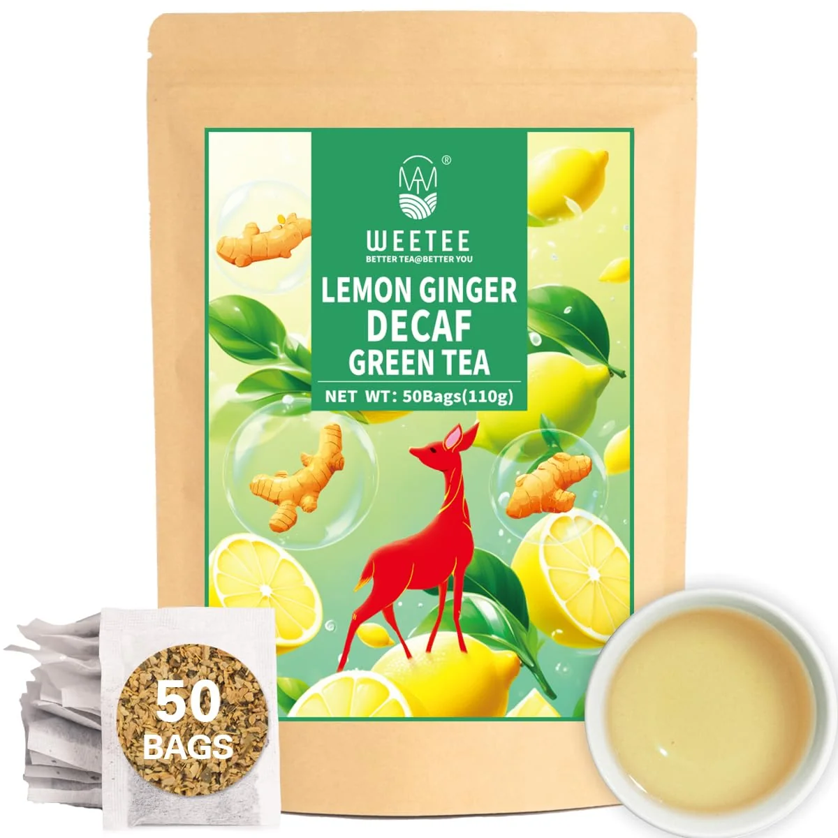 Expertly Made WT Weetee Lemon Ginger Decaf Green Tea Bags 50 Counts Made of Decaffeinated Green Tea Ginger Natural Lemon Flavor Clean Fresh Trendy