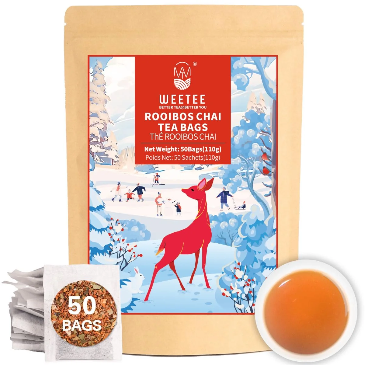 Minimalist WT Weetee Rooibos Chai Tea Bags South African Red Tea with Cinnamon Cloves Cardamom Natural Caffeine- Herbal Tea 50 Counts Spiced Rooibos Tea High-Quality