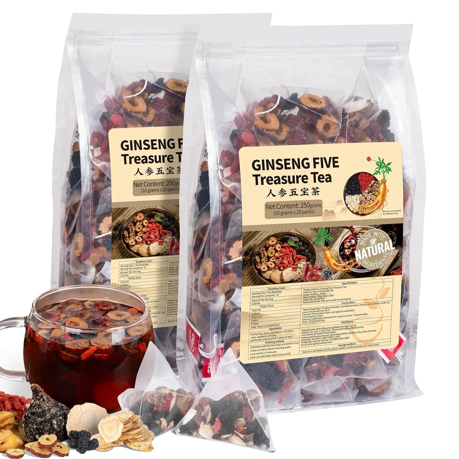 Elegant Ginseng Five Treasures Kidney Tea Traditional Chinese Herbal TeaBags Natural Kidney Cleanse Detox Tea for Women amp Men 7 Precious Ingredients Formula 2 Pack 50 Bags Quality