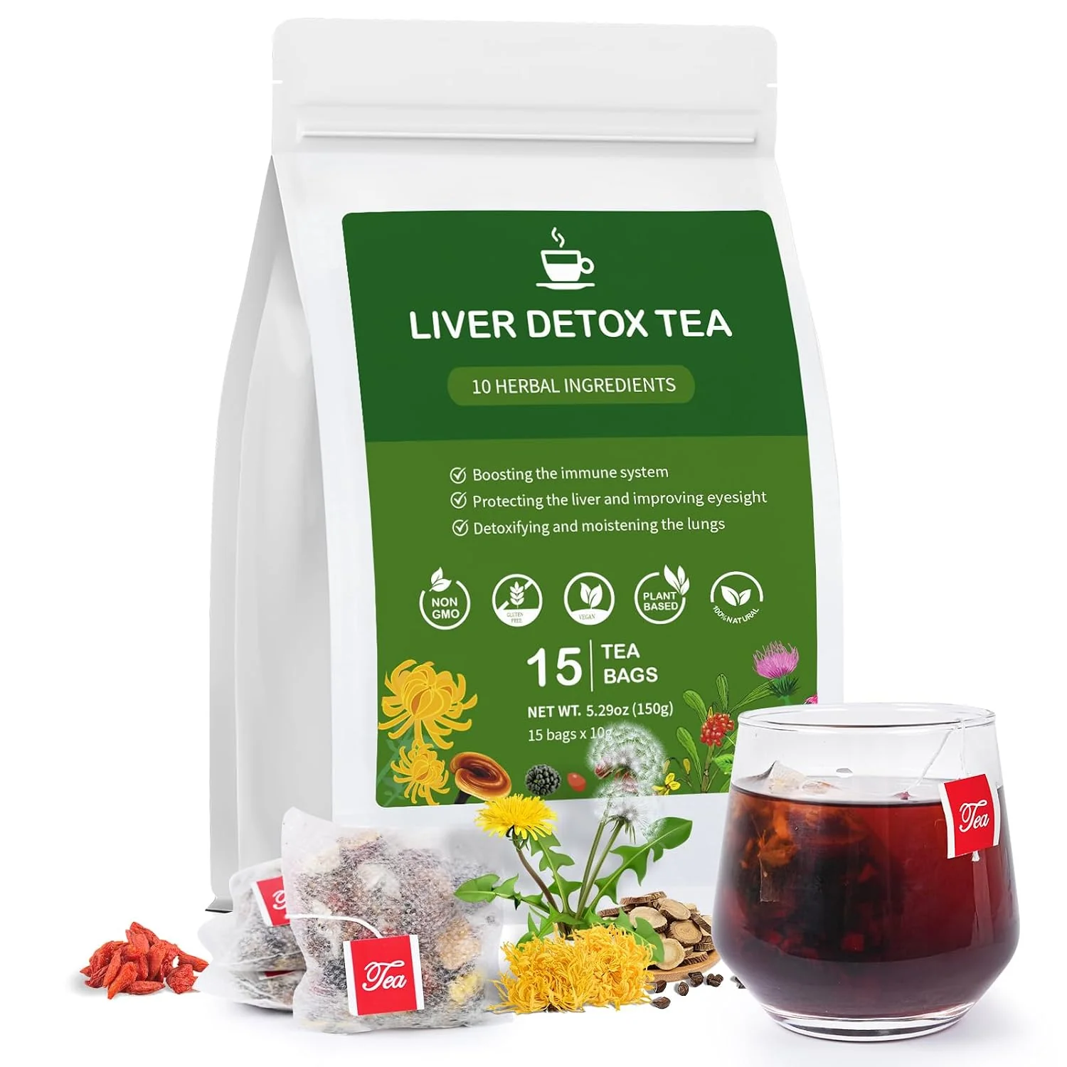 Next-Generation Liver Detox Tea Chinese Kidney and Liver Cleanse Detox Herbal Tea Support Kidney Healthy Function with 11 Precious Ingredients Formula 1 Pack 15 Bags Premium Material