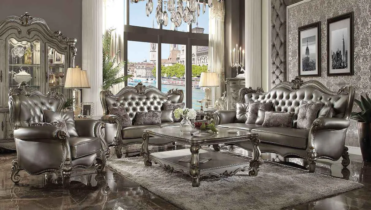 Pure Versailles - Sofa With 6 Pillows - Silver Synthetic Leather Antique Platinum Original