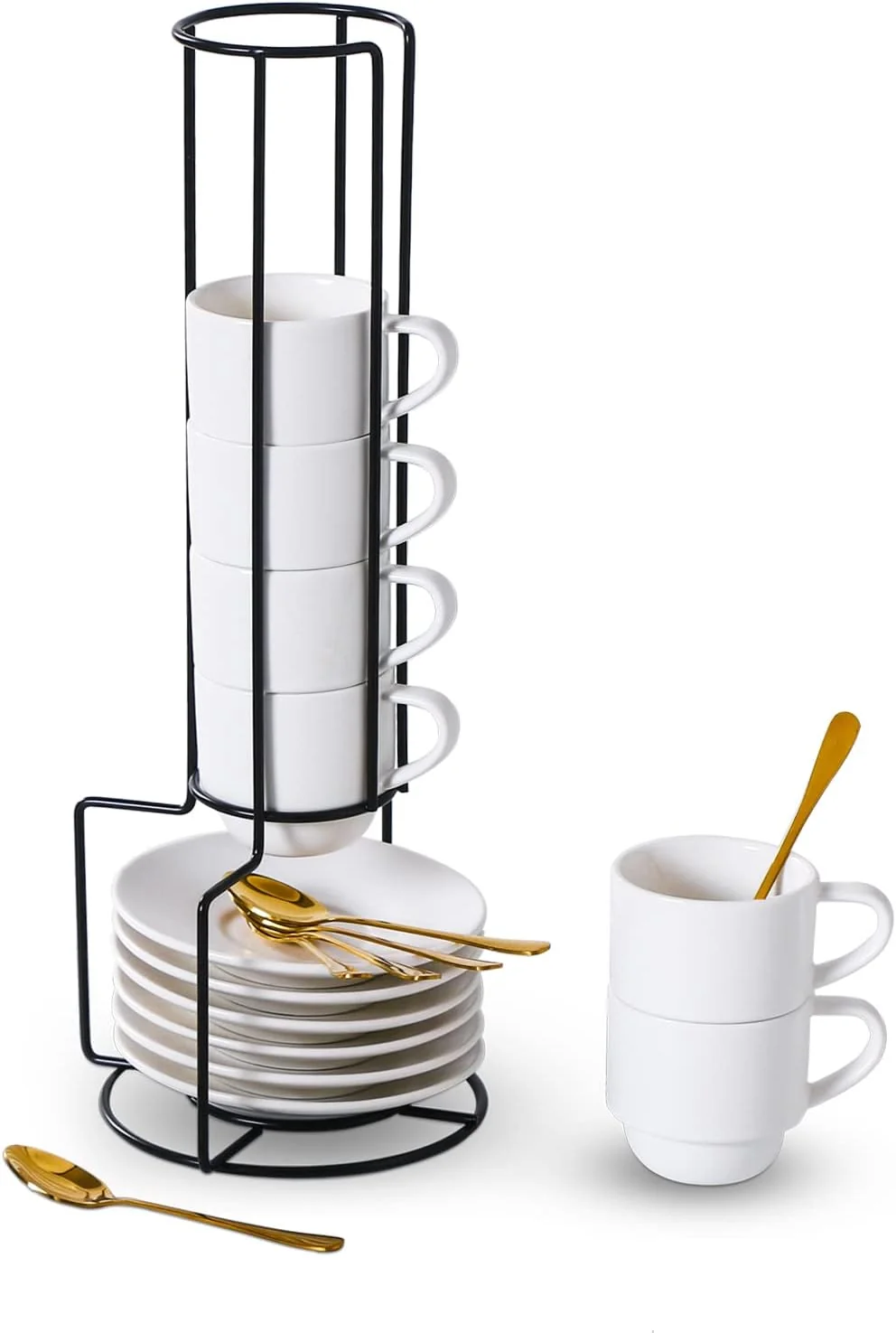 Optimized Lareina Porcelain Stackable Espresso Cups with Saucers Spoons and Metal Stand 3 Ounce Small Coffee Cups Set of 6 - Ceramic Demitasse Mugs White Breathable