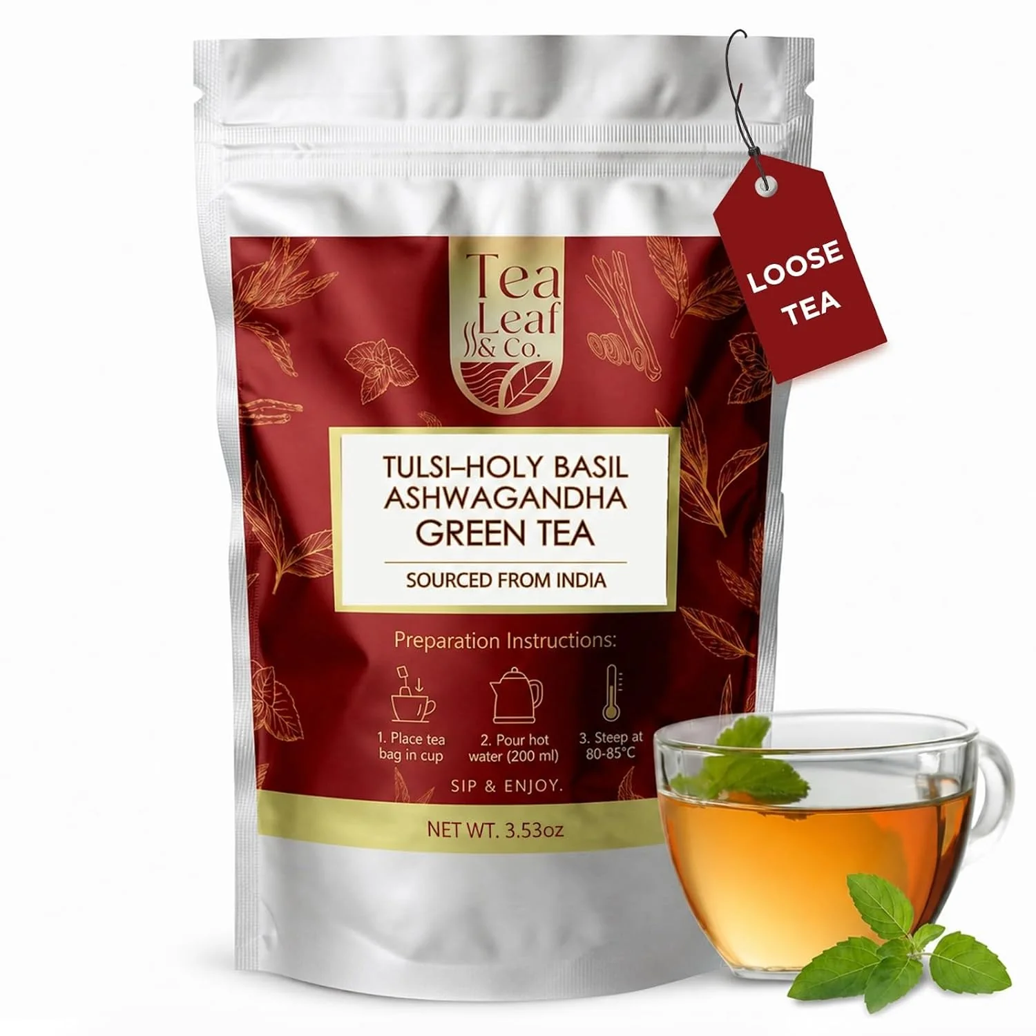 Trusted Tulsi Ashwagandha Green Tea Loose Leaf 100gm 3.5oz Makes Upto 50 Servings High-End