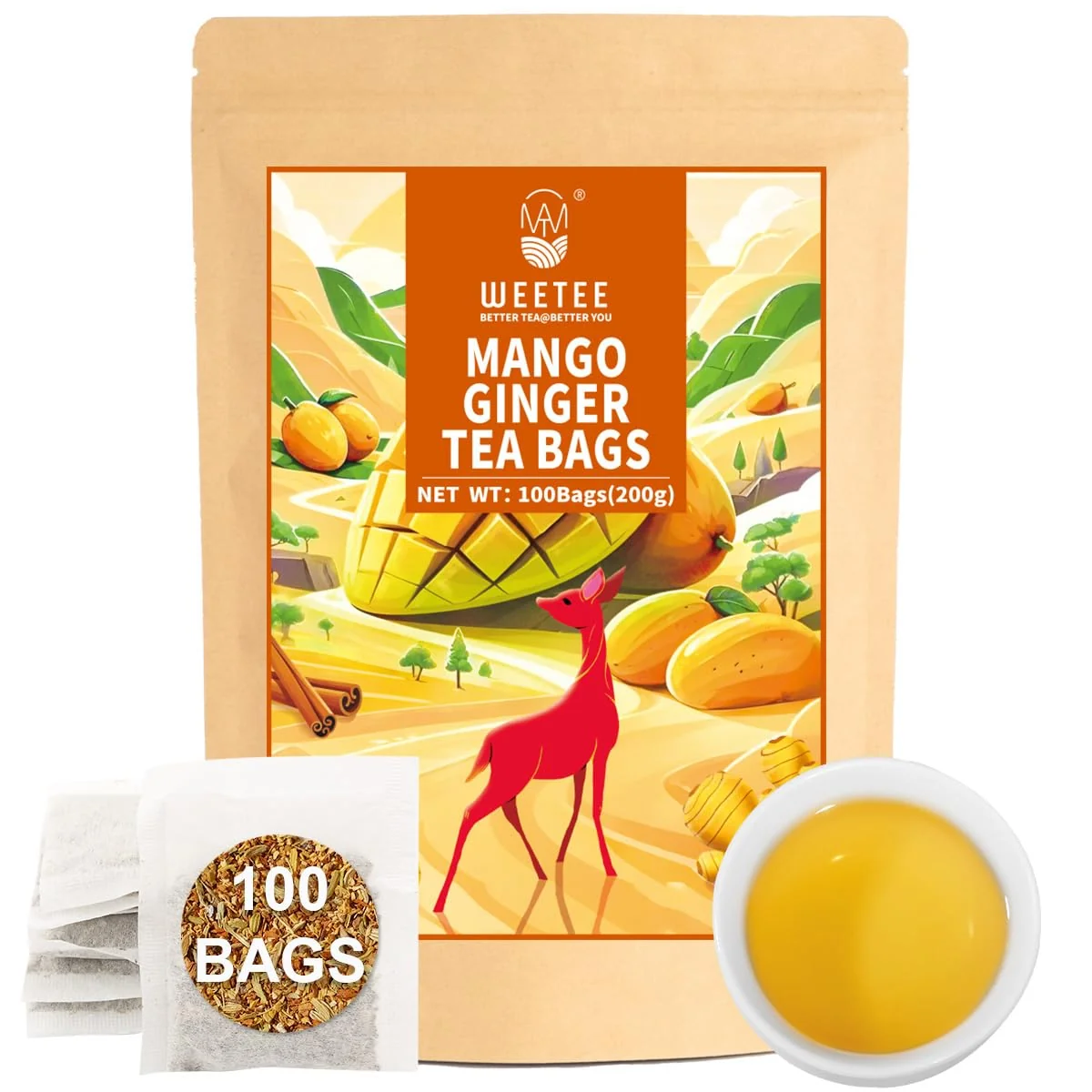 Eco-Friendly WT WEETEE Mango Ginger Tea Bags 100ct Caffeine- Tropical amp Spicy Blend Flavored Ginger Herbal Tea Includes Cardamom Fennel Cinnamon Rooibos Licorice More Warming Spice amp Sweet Tropical Notes Elegant