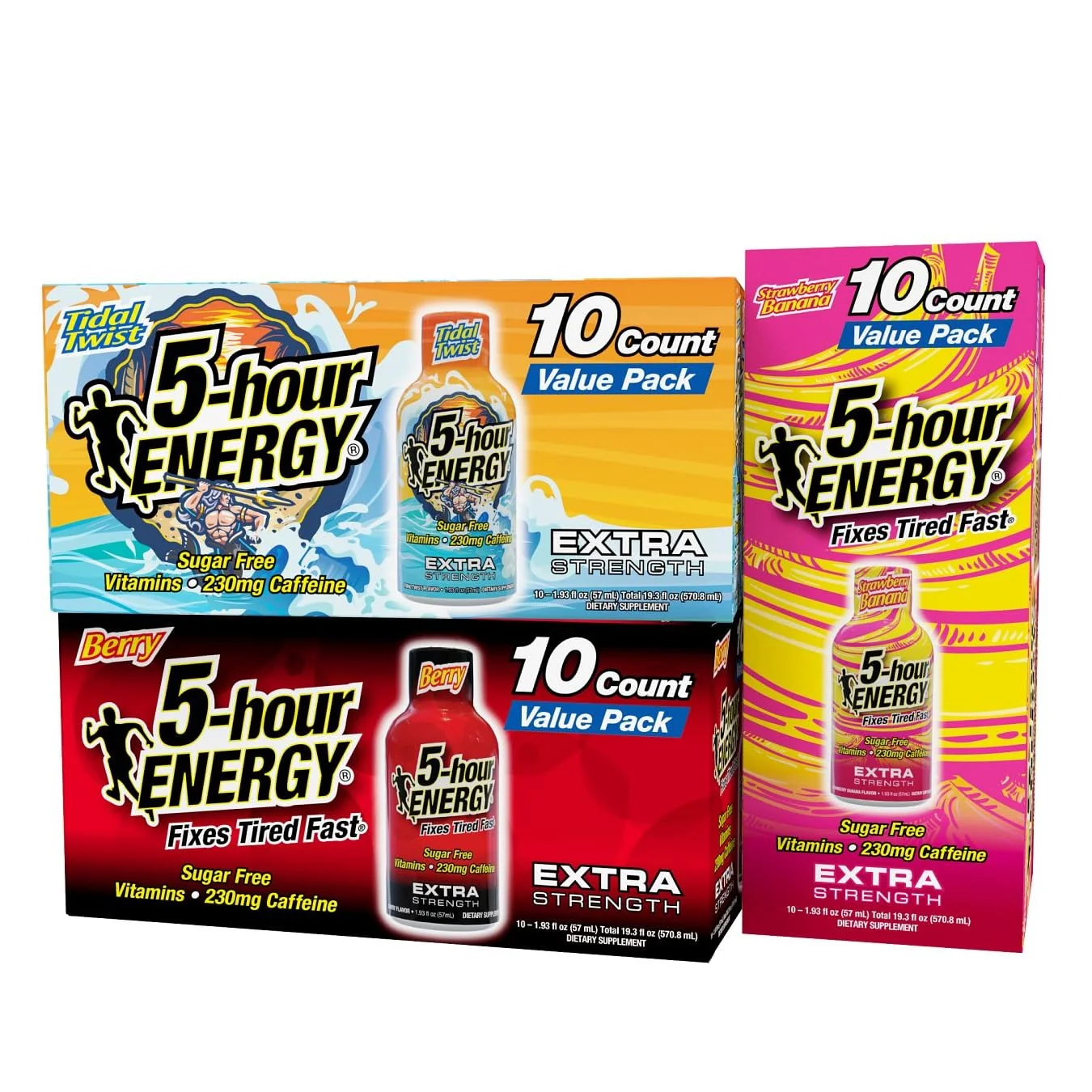 Premium 5-Hour Energy Extra Strength Shots Variety Pack 30 Count 1.93 fl oz - Extra Strength Berry Tidal Twist Strawberry Banana Flavors Smart