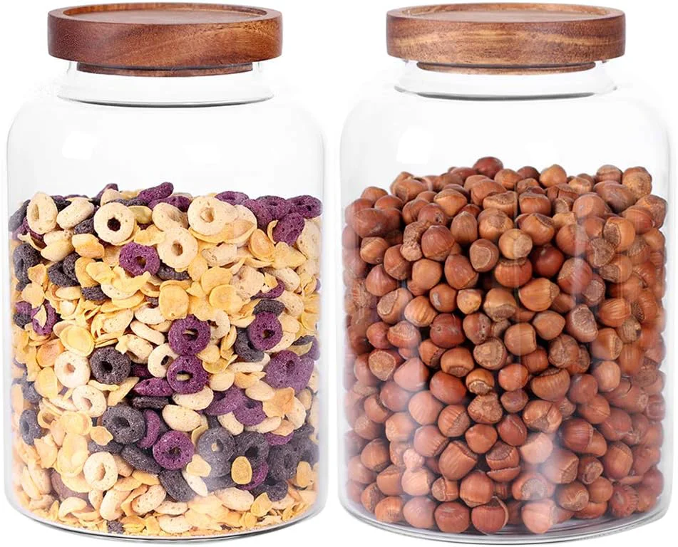 Premium LEAVES AND TREES Y Thicken Glass Storage Jar Food Storage Container Canisters with Airtight Wooden Lid for Tea Coffee Honey Cacao Powder BPA as a Ce Dispenser 7.6inch 2pcs Detailed