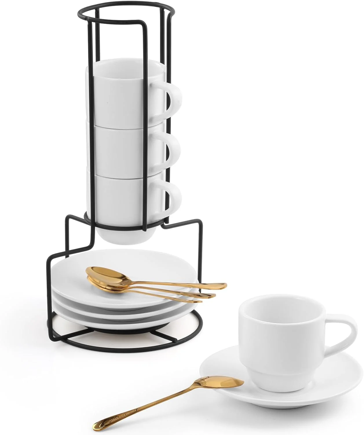 High-Quality Lareina 3-Ounce Espresso Cups with Saucers Spoons and Metal Stand Small Stackable Coffee Cups Set of 4 Ceramic Demitasse Mugs White Solid