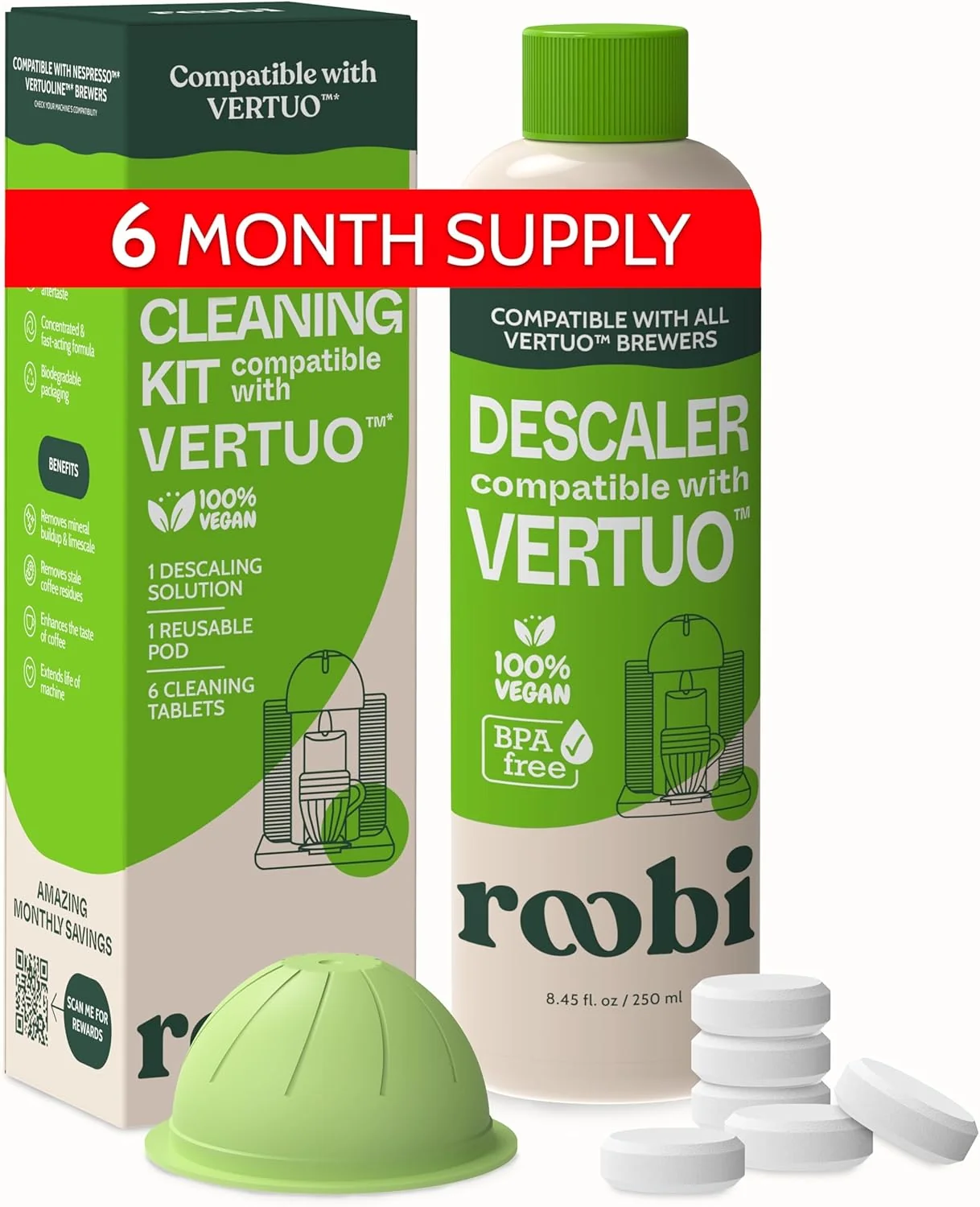 Fine Crafted Nespresso Compatible Vertuo Cleaning Descaling Kit. Includes 1 Bottle of Descaling Solution 6 Cleaning Tablets and 1 Reusable Pod Exceptional