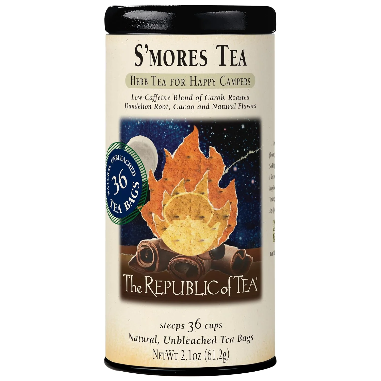 High-Grade The Republic of Tea S'mores Herbal Tea Caffeine 36 Count Suitable for day or evening . Smooth and rounded with notes of cocoa richness and roasted root. Gluten and Kosher. Modern