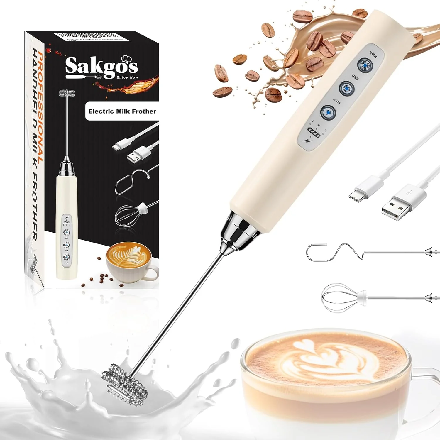 High-Grade Milk Frother Rechargeable Handheld for Coffee-Drink Mixer 3 Speed Adjustable Frother Wand with 3 Stainless Whisks Electric Foam Maker Fashionable
