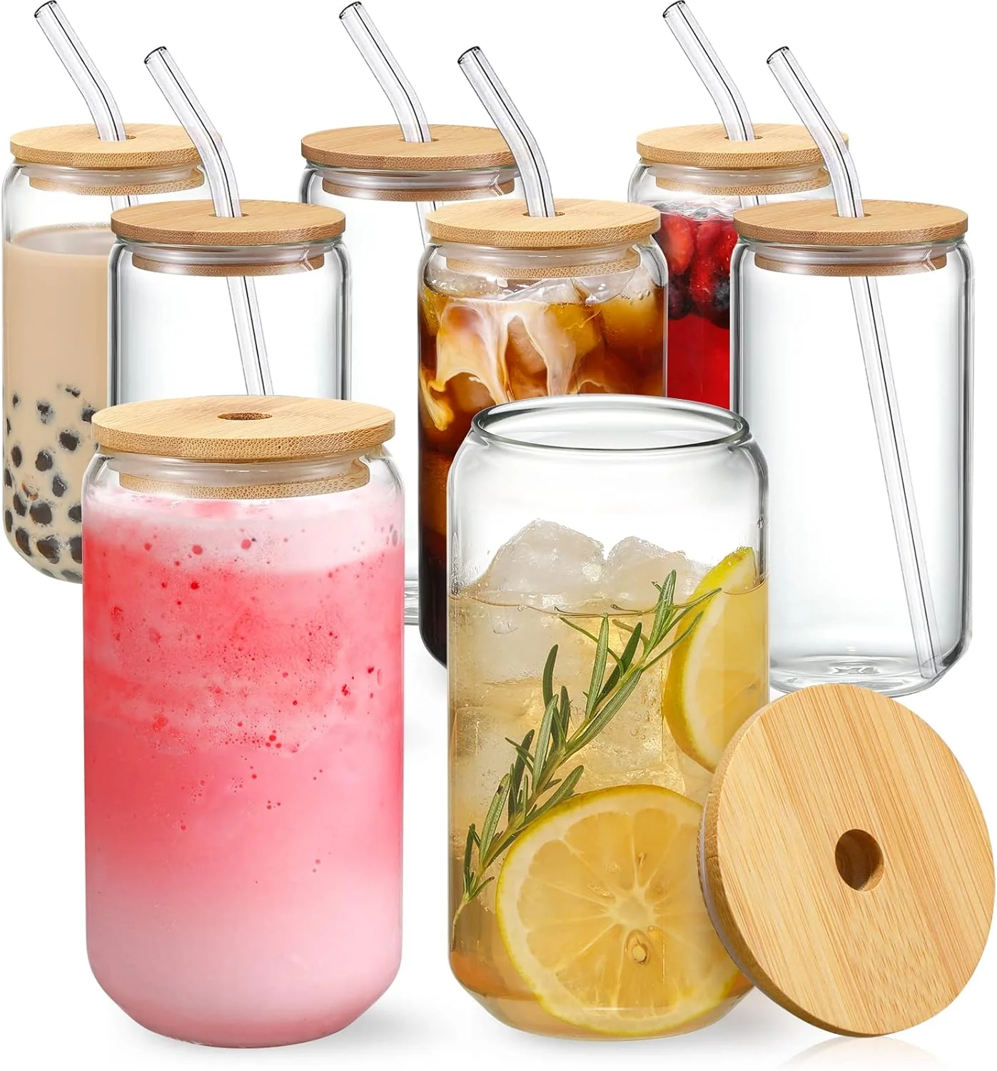 Efficient Netany 8pcs Set Drinking Glasses with Bamboo Lids and Glass Straw - 16oz Glass Cups Beer Glasses Iced Coffee Glasses Cute Tea Cup Natural