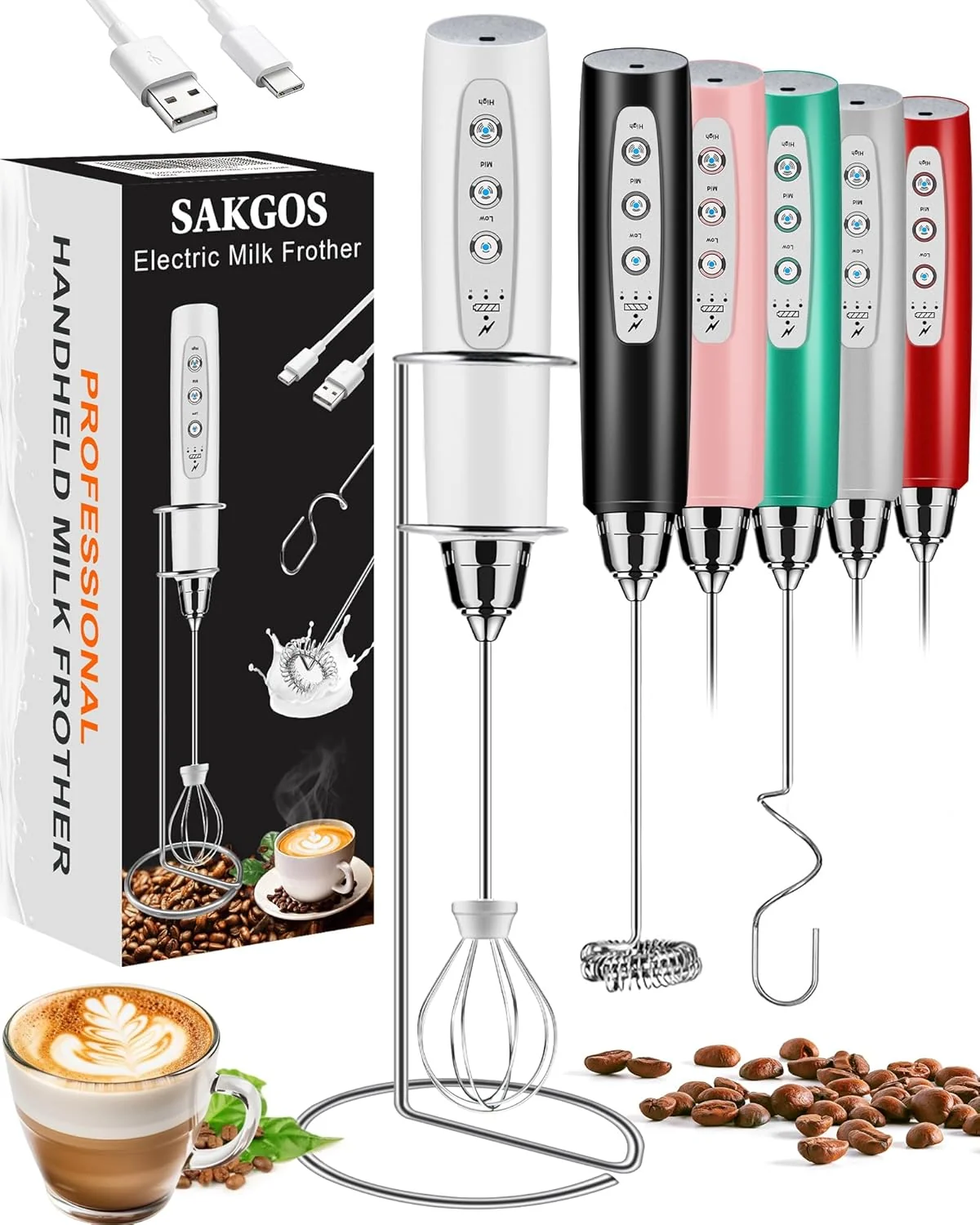 Fine Milk Frother with Stand Rechargeable-Handheld Coffee Frother with 3 Stainless Whisks 3 Speed Adjustable Electric Whisk Drink Mixer Modern