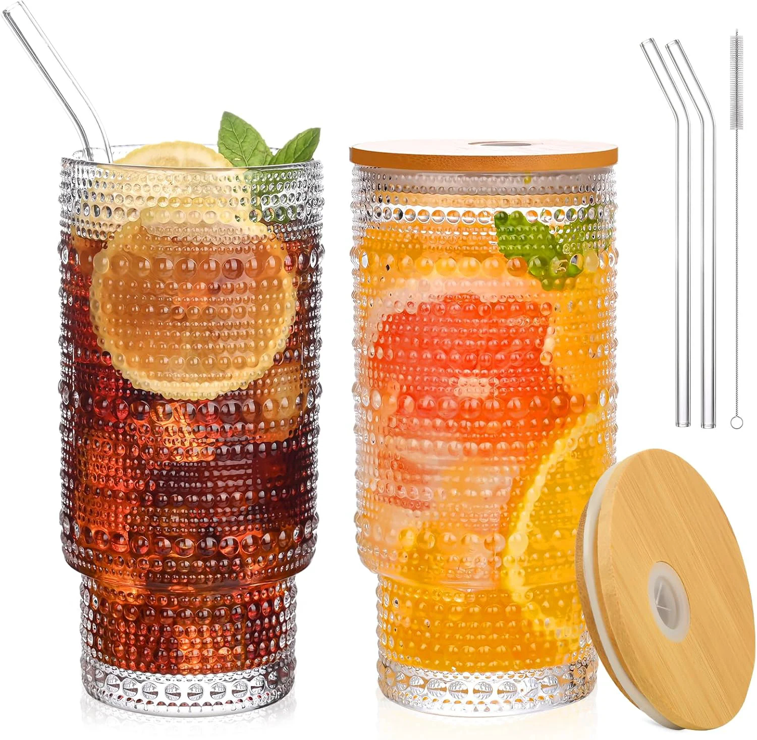 Fast 16OZ Glass Tumbler with Straw and Lid Glass Cups with Lids and Straws Ribbed Iced Coffee Cups Vintage Embossed Glassware for Juice Whiskey Cocktail Beer 2Pack Durable