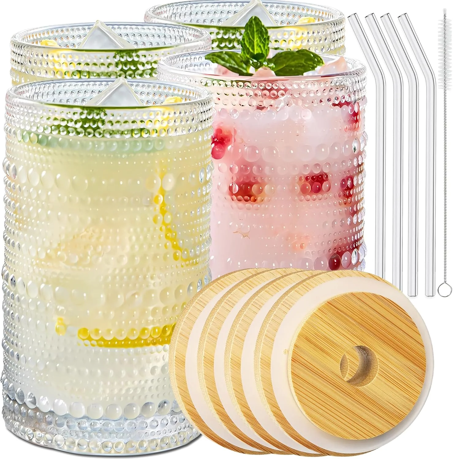 Luxury 4 Pcs Iced Coffee Glasses Cups with Bamboo Lids and Straws 12 oz Thick Emboss Beaded Drinking Glass Cup Set Latte Glasses I for Water Soda Gift Exceptional