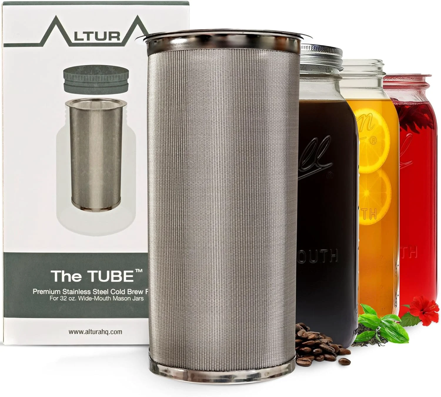 Refined Altura The TUBE Cold Brew Coffee Maker and Tea Infuser for Wide Mouth Mason Jars - Stainless Steel Cold Brew Filter Strainer for Iced Coffee Fruit Water amp More - 32oz 1qt Reliable