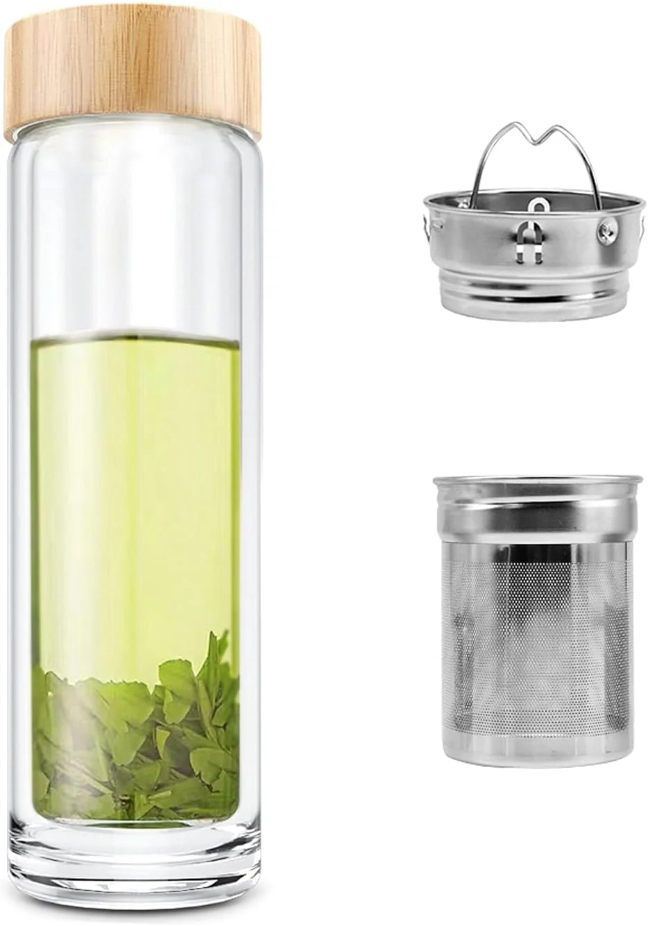 Functional Comi Tea Bottle 14 oz Borosilicate Glass Double Wall Infuser Strainer Bamboo Lid 400ml Exclusive