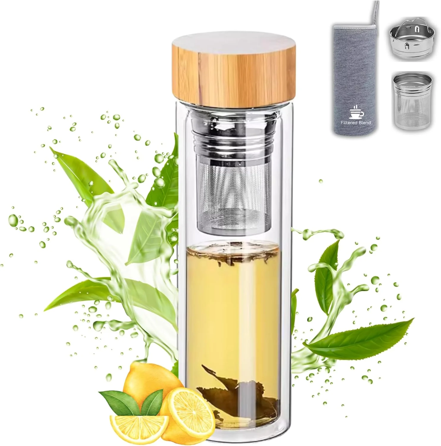 Recyclable 15oz Double Wall Glass Water Bottle with Bamboo Lid and Tea Infuser – Insulated Leak-Proof Next-Generation