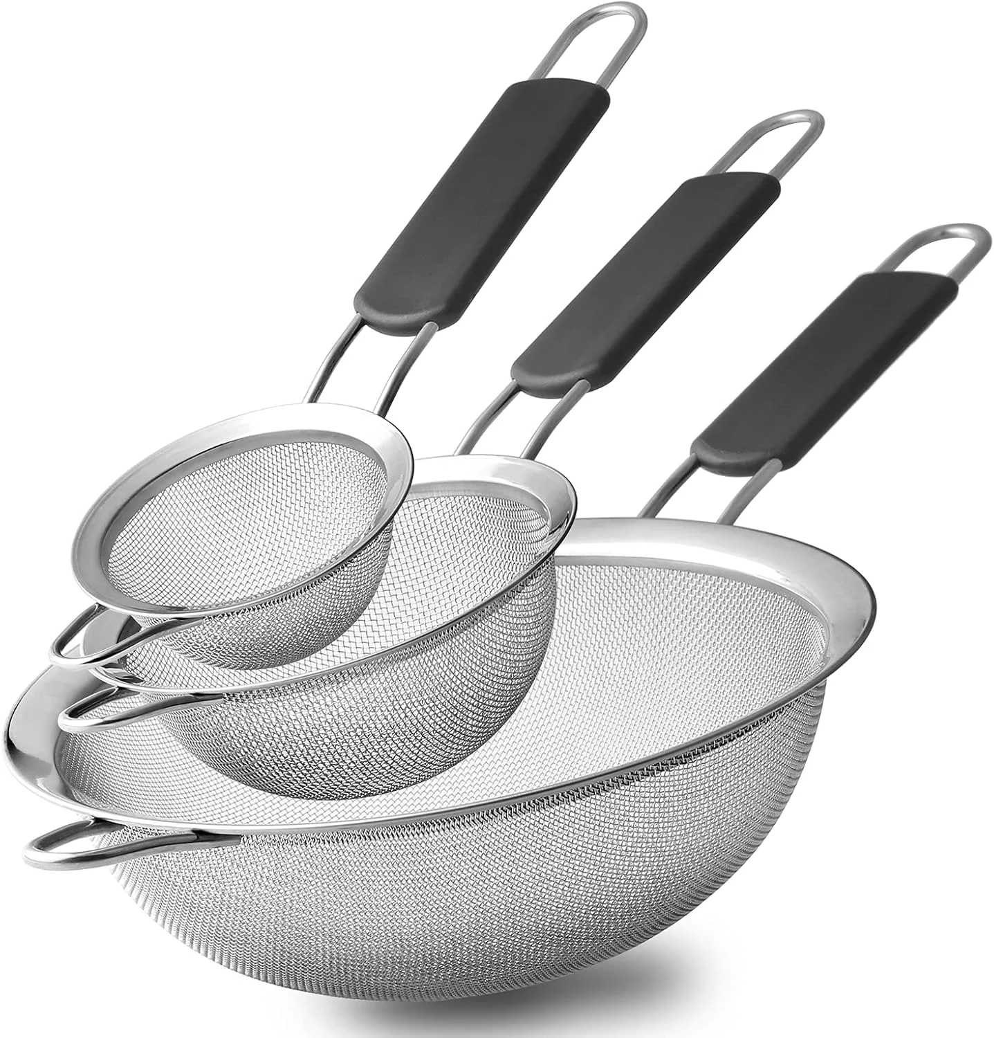 Elegant Stainless Steel Fine Mesh Strainers Set of 3 Sizes Strainer for Kitchen Wire Sieve with Insulated Handle Kitchen Strainer Baking Tools Colander Official