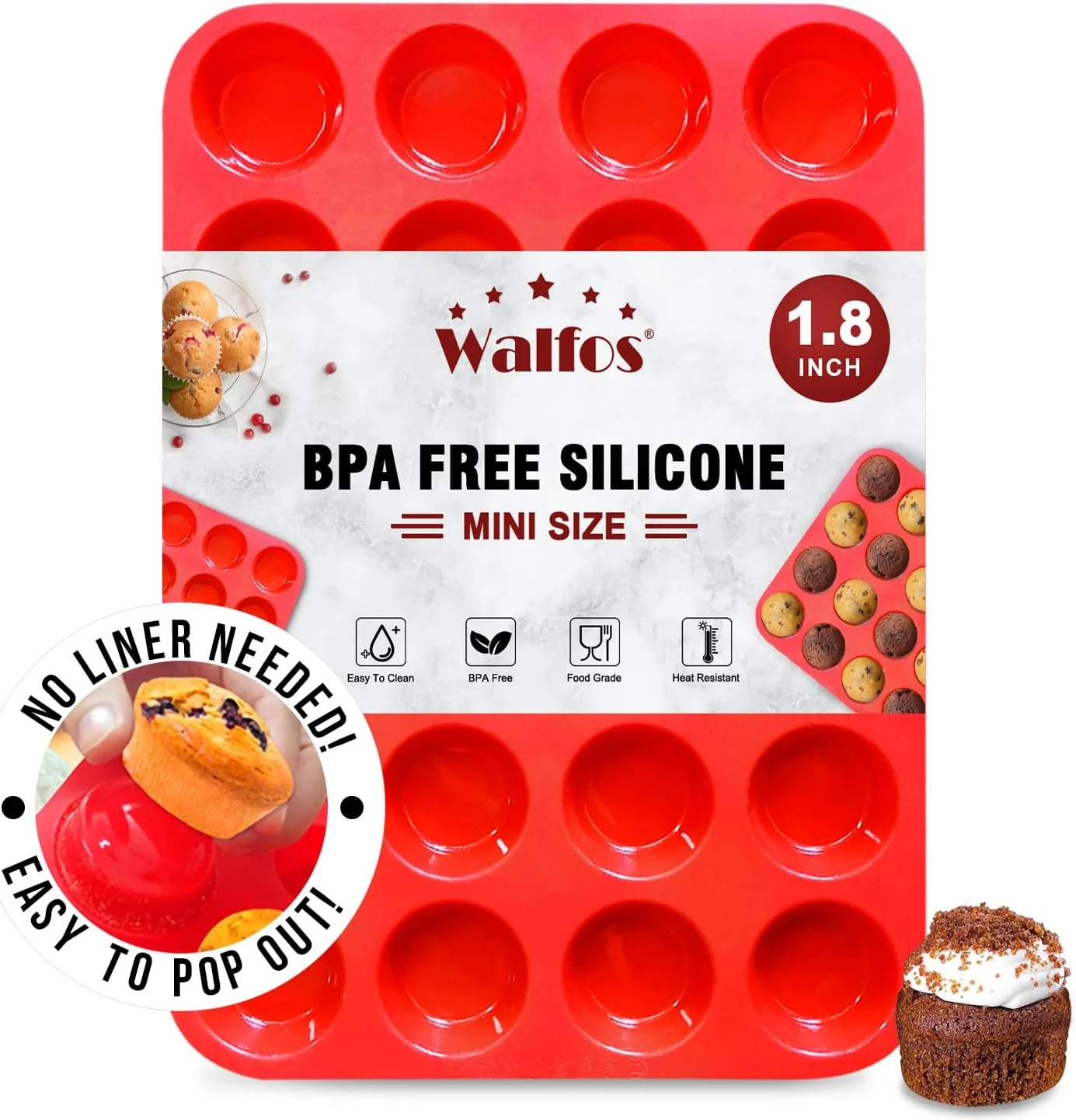 Soft Walfos Mini Silicone Muffin Pan - 24 Cups BPA and Dishwasher Safe Non-stick Silicone Cupcake Baking Pan Great for Making Muffin Cakes Tart Comfortable