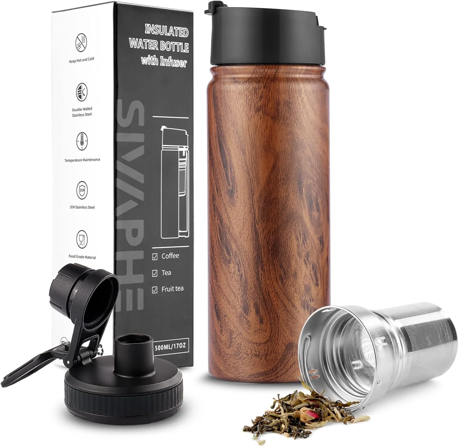 Long-Lasting Sivaphe Tea Infuser Bottle With Removable Loose Leaf Tea Strainer 18 8 Stainless Steel Insulated Travel Tumbler Festival Gift Wood Grain Functional
