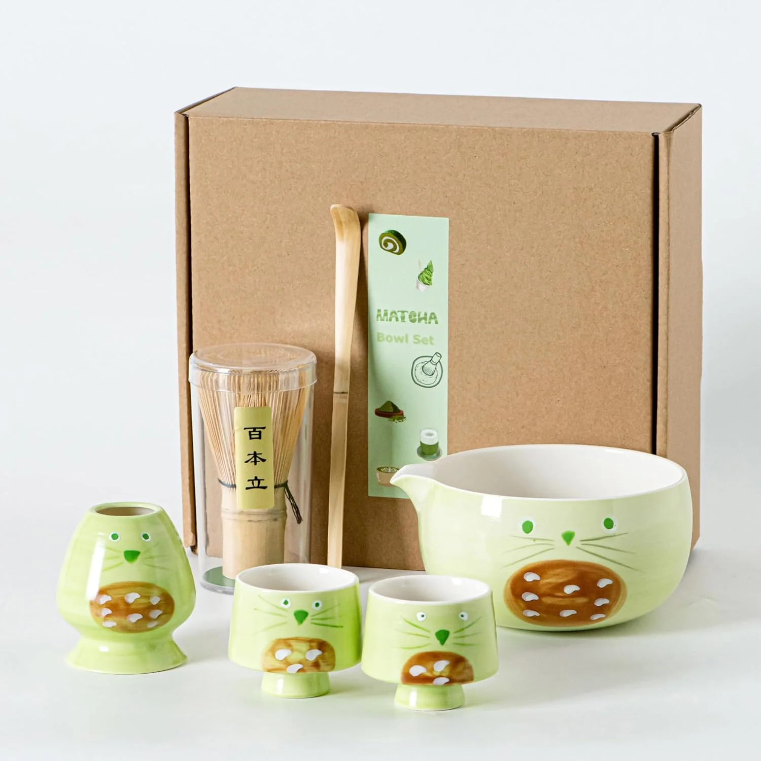Recyclable Green Matcha Set -Cute Cat Matcha Kit Includes Ceramic Bowl Whisk and Holder Bamboo Scoop - 6 Pcs Matcha Whisk Set for Matcha Lovers Next-Generation