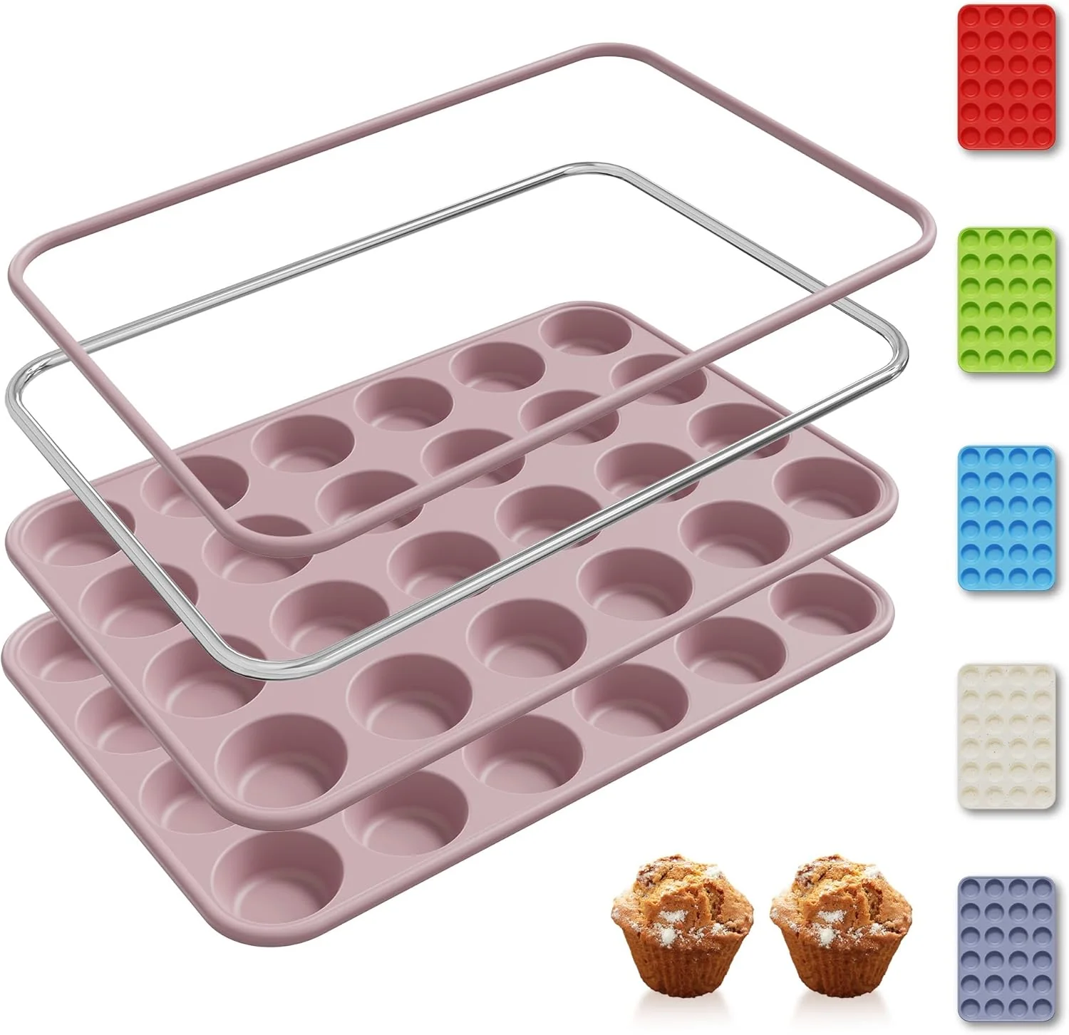 Outstanding 2 Pack 24 Cups Mini Muffin Pan with Metal Reinforced Frame Silicone Molds Cake Pans Egg Bites Silicone Circle Cookie Molds Muffin Tin Tart Pans Non Lightweight