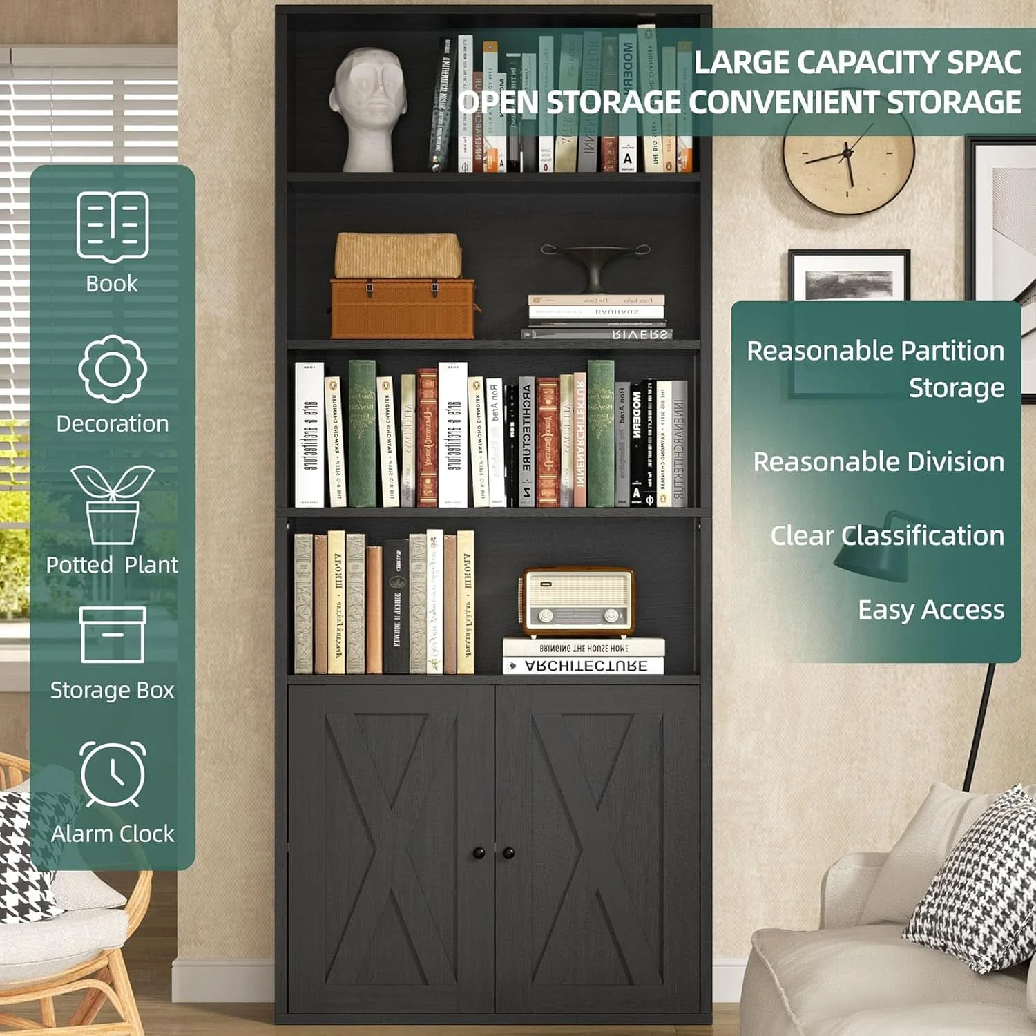 Powerful Industrial Black Floor Standing Bookcase With Doors Sustainable