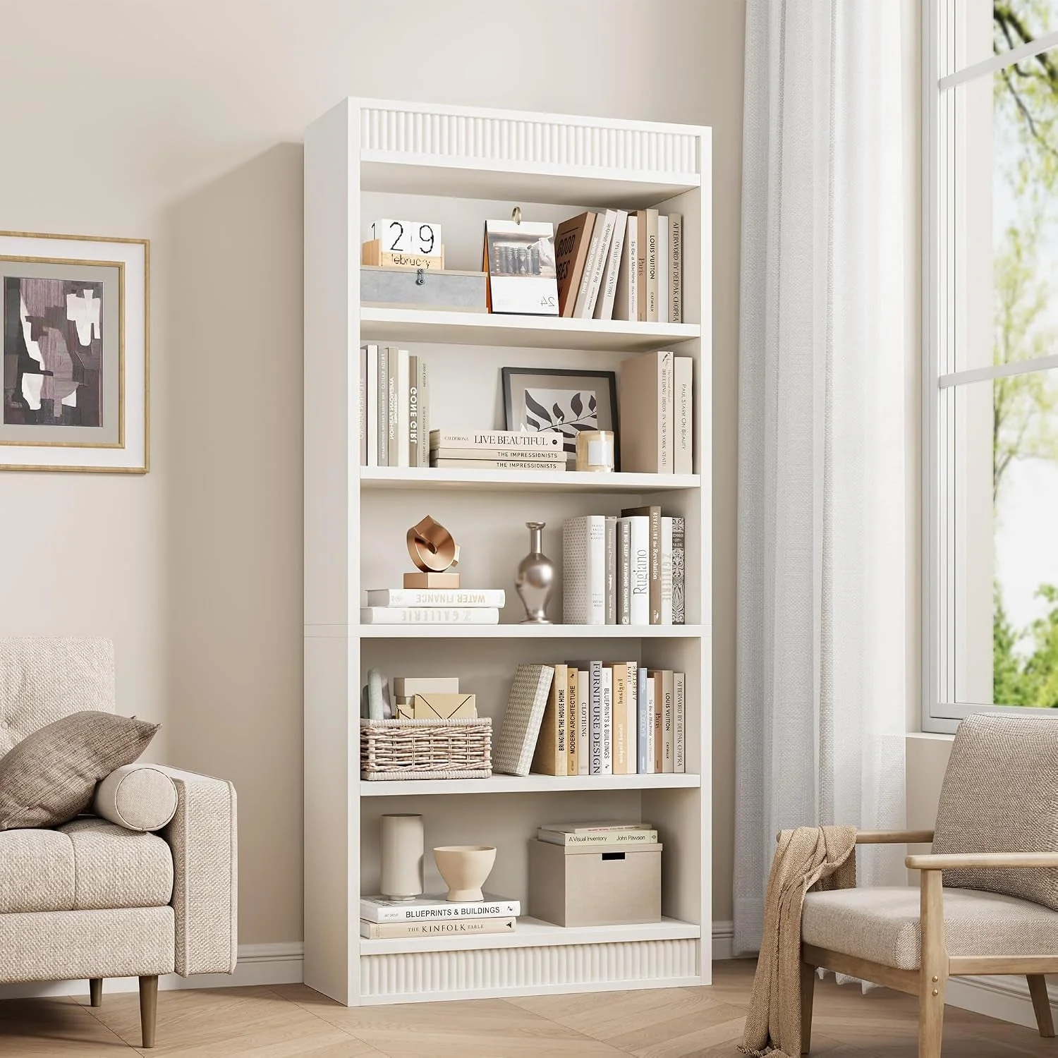 Sophisticated White Five Tiered Farmhouse Bookcase Double Fluted Original