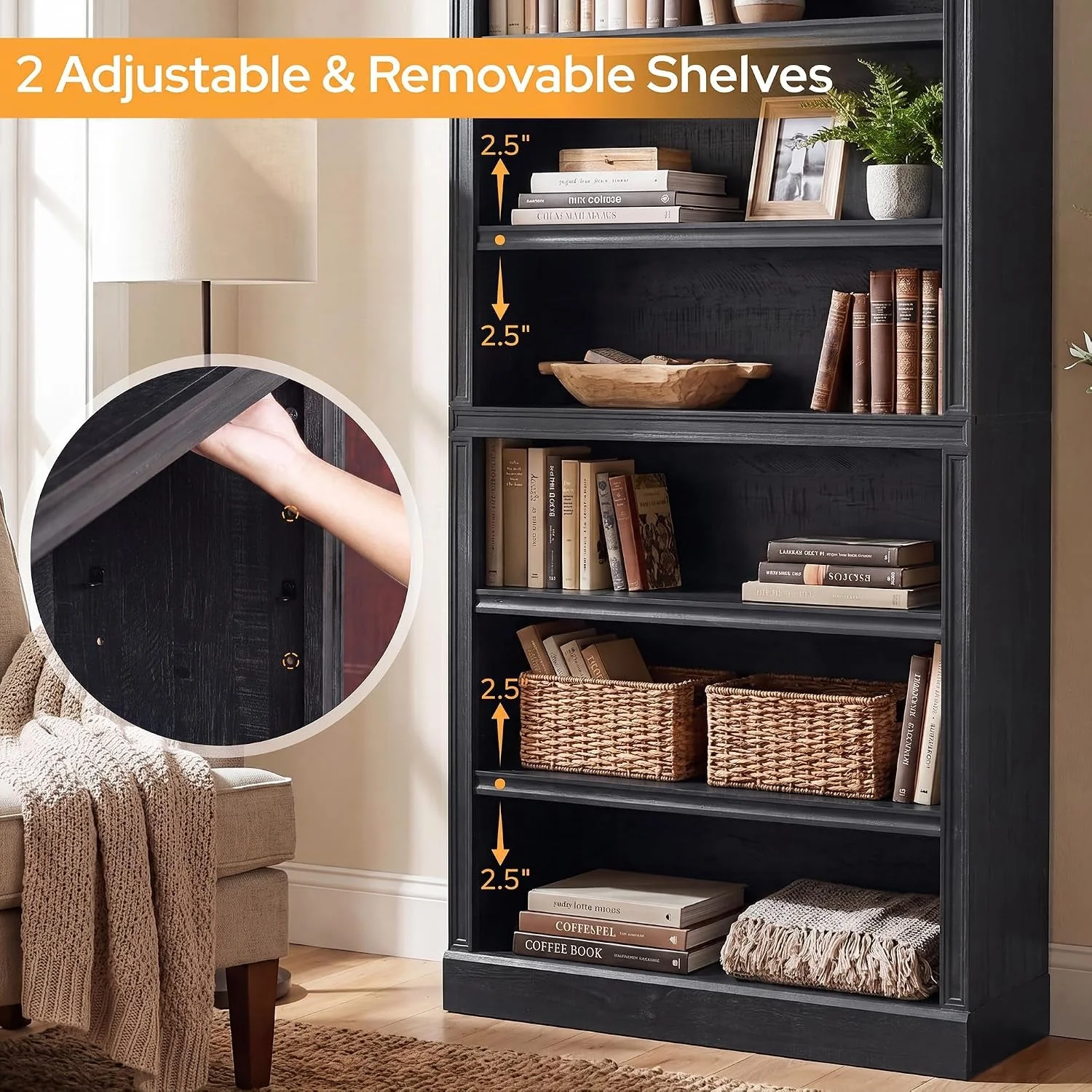 Lightweight Five Tier Black Finished Wooden Adjustable Bookcase User-Friendly