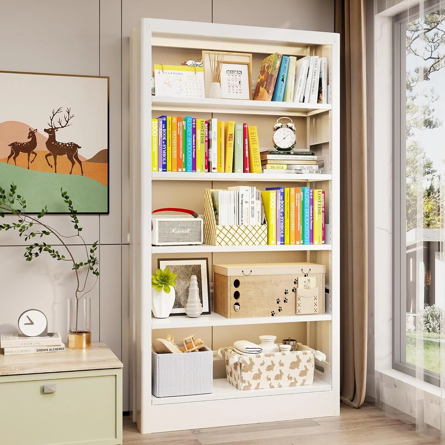 Minimalist Floor Standing White Five Tier Adjustable Bookcase Trendy