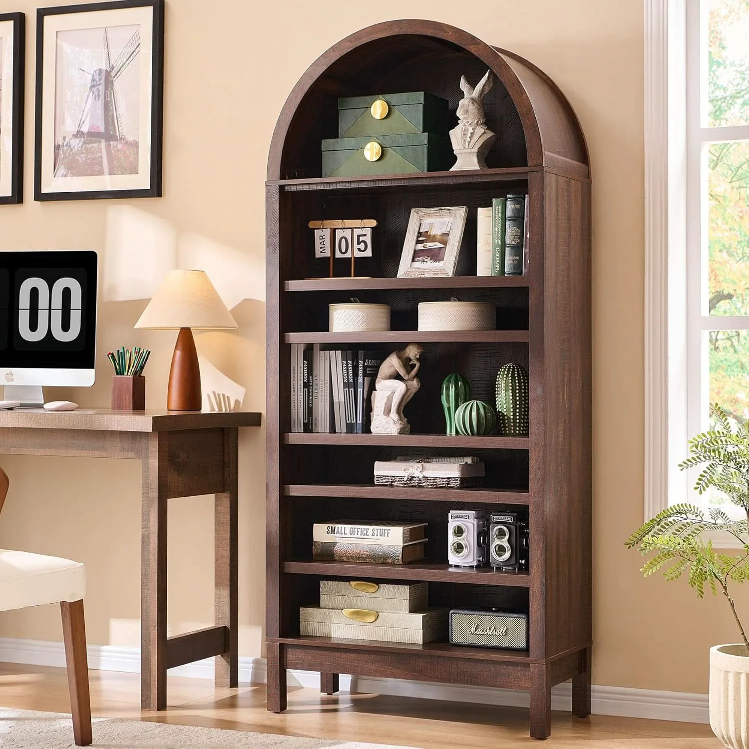 Organic Tall Arched Brown Finish Bookcase With Adjustable Shelves Practical