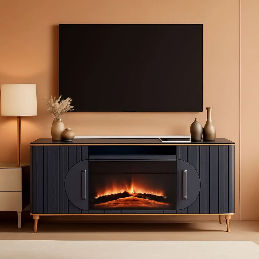 Modern Fluted Fireplace TV Stand Navy Sophisticated Marble Traditional