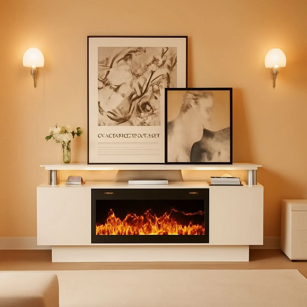 Premium Material White 70 Inch Fireplace TV Stand Entertainment Center Stylish