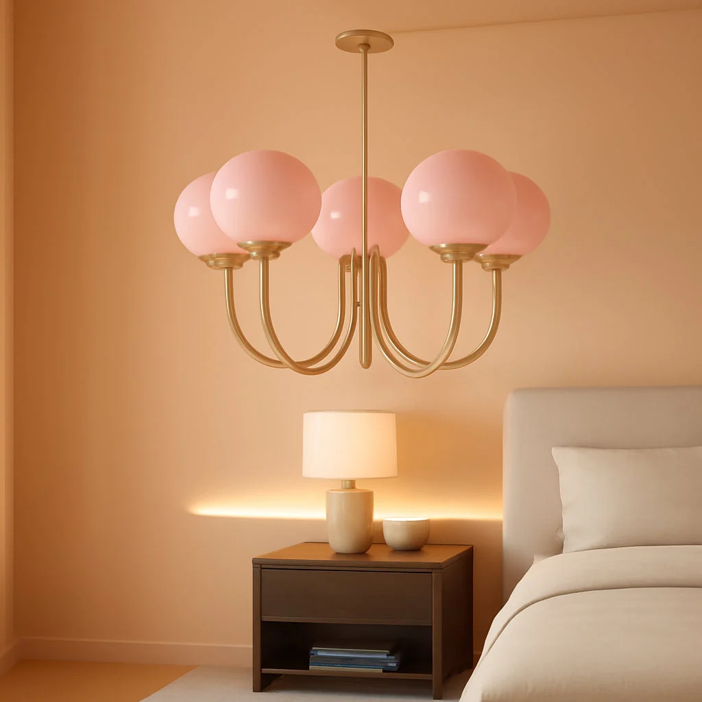 Efficient Luxurious Pink Glass 5-Light Pendant Ceiling Light High-End