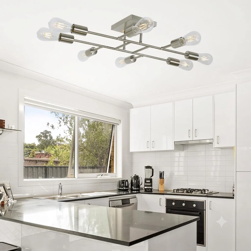 High-End Brushed Nickel 8Light Semi Flush Ceiling Chandelier Authentic