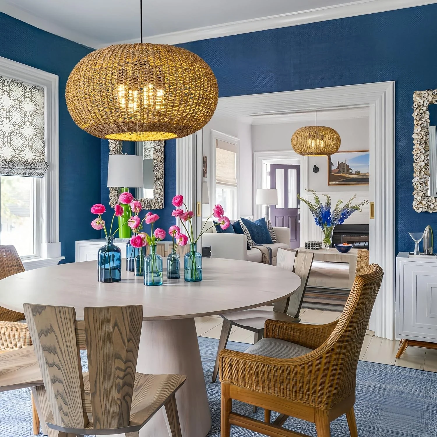 Elite 22In Rattan Chandelier Pendant Light Farmhouse Ceiling Contemporary