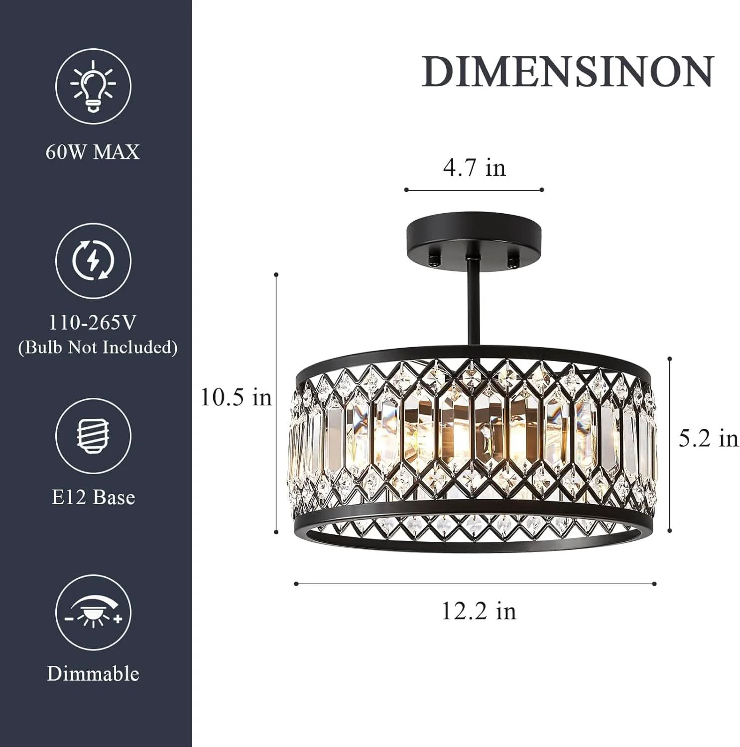 Original Crystal Black Three Light Semi Flush Mount Ceiling Light Traditional