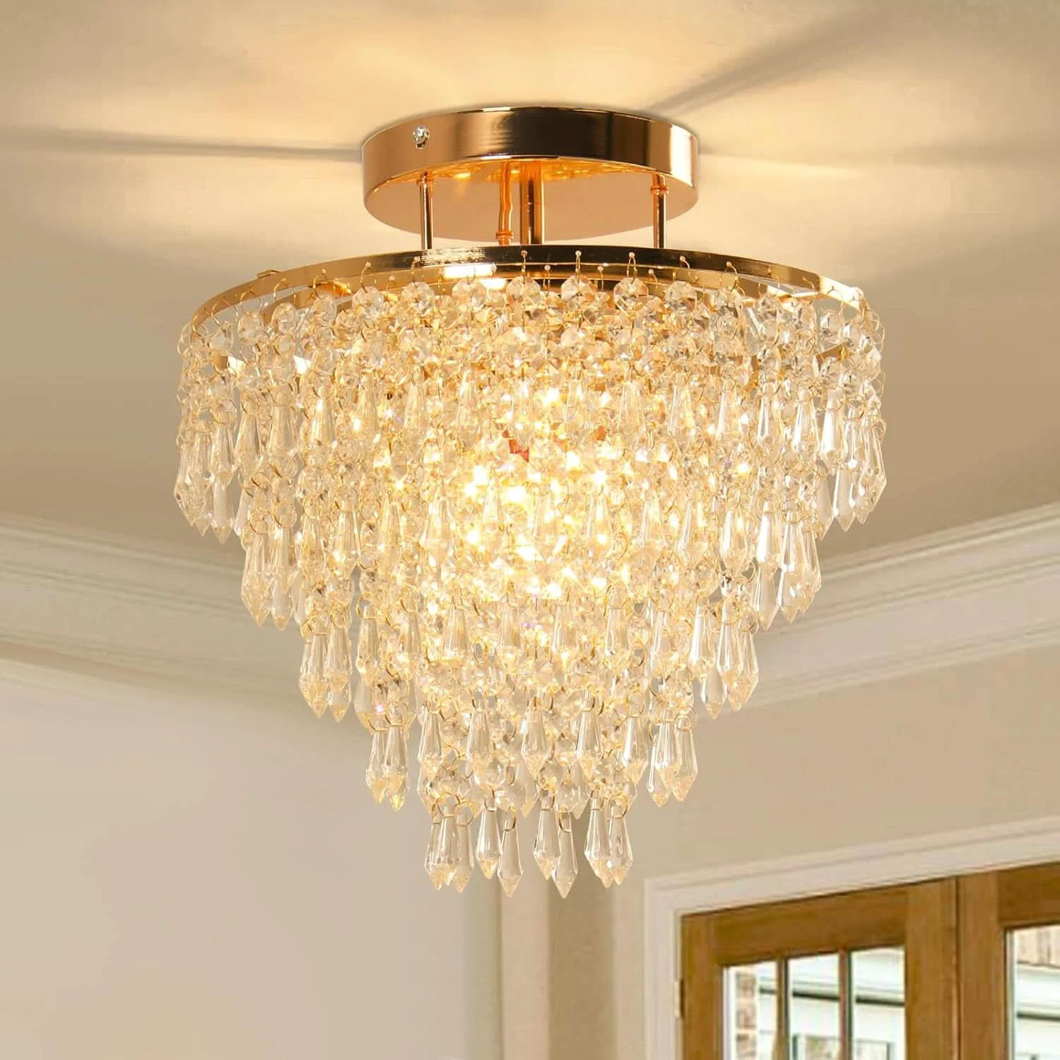 Premium Gold Crystal Flush Mount Chandelier 30cm Ceiling Light Trusted