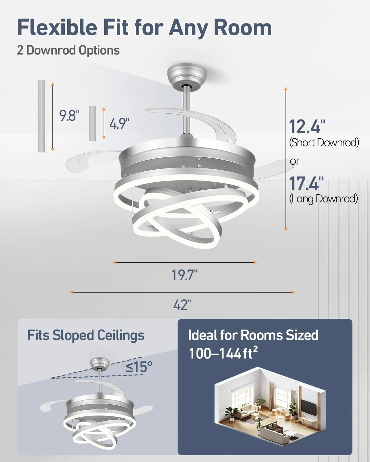 Powerful 42 Inches Fandelier Retractable Ceiling Fan Silver Healthy