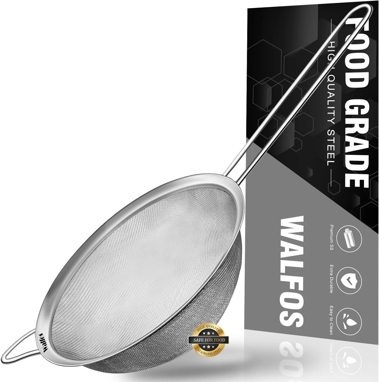 Premium Material Walfos 6.3 Inch Fine Mesh Strainer Premium Stainless Steel Sieve and Sifter with Handle Kitchen Metal Strainers for Rice Quinoa Fruits Noodles Practical