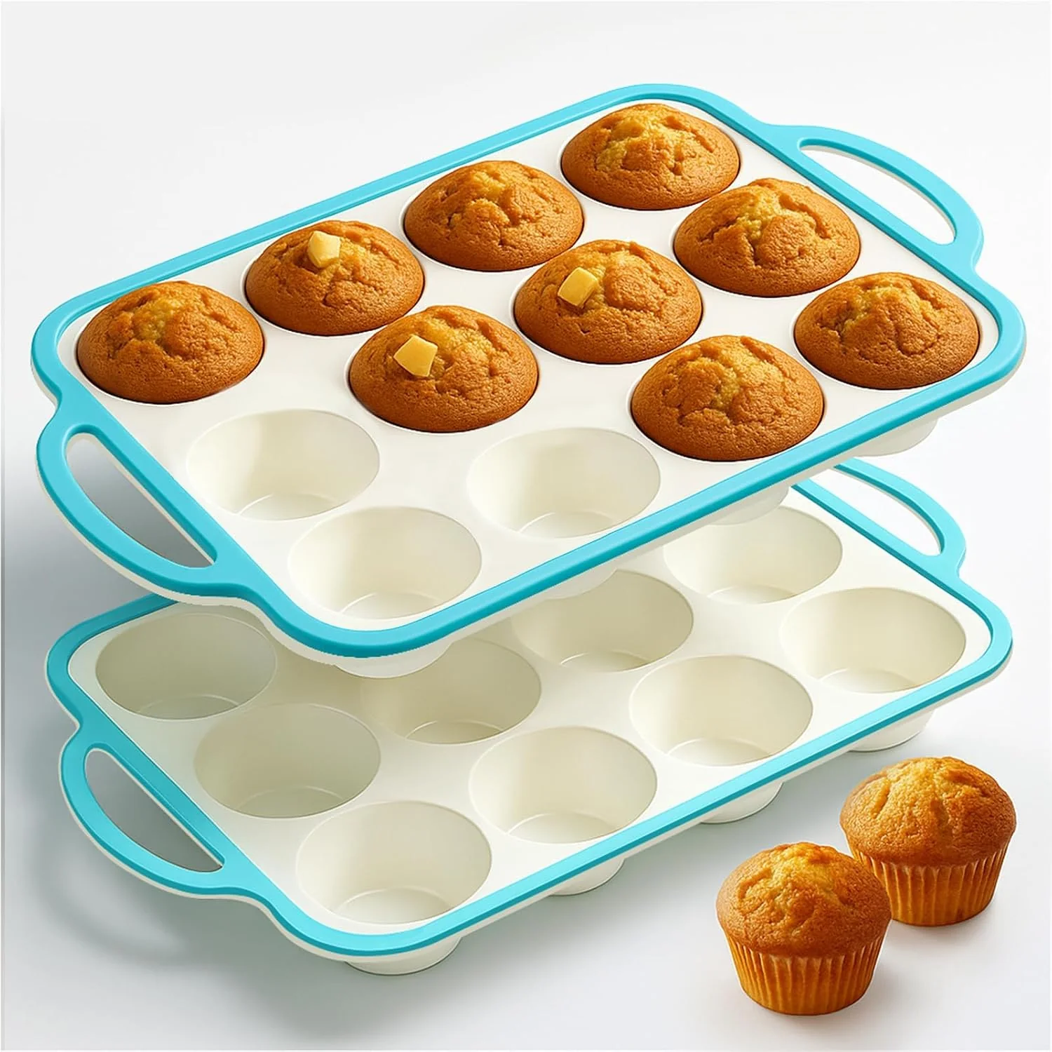 Prestigious Silicone Muffin Pans for Baking 2 Pack 2.6 Inch with Metal Reinforced Frame Regular Size Nonstick Cupcake Pan 12 Cups for Baking Homemade Muffins Dishwasher Safe BPA -Blue Reliable