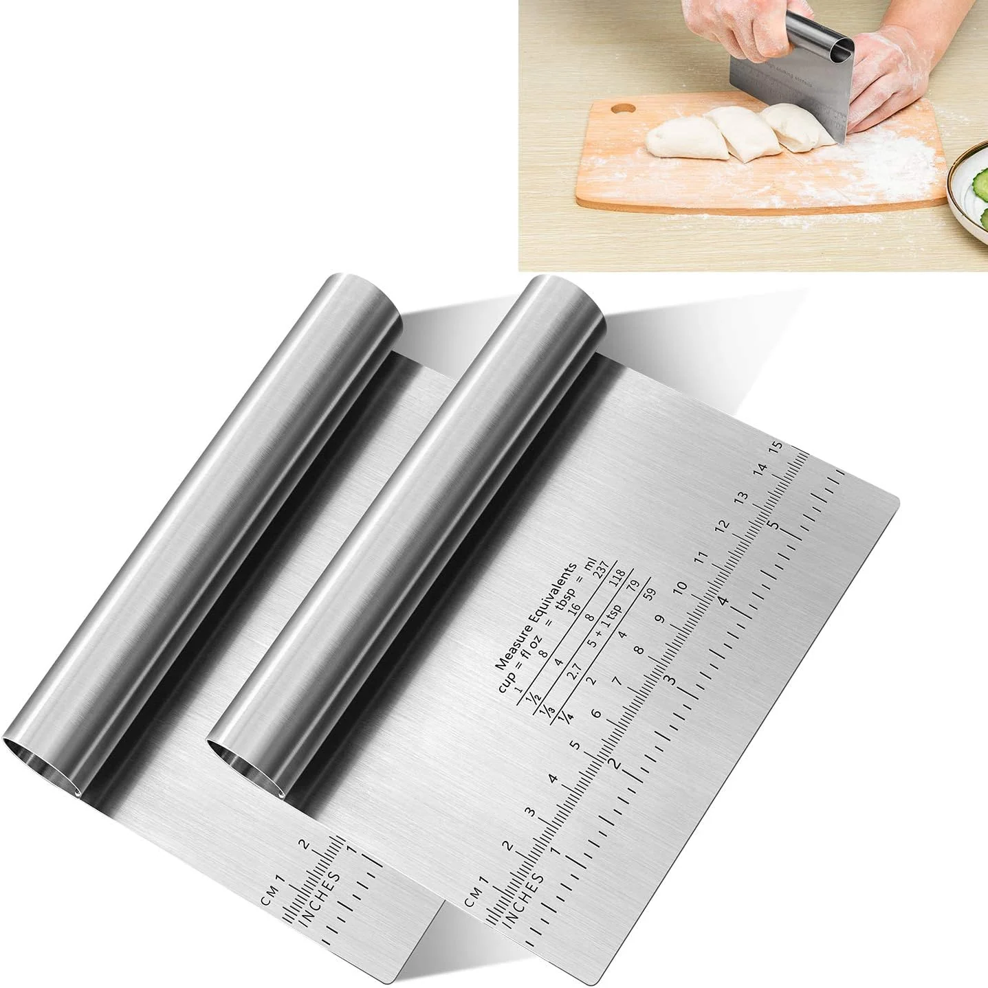 Long-Lasting Pro Dough Pastry Scraper Cutter Chopper Stainless Steel Mirror Polished with Measuring Scale Multipurpose- Cake Pizza Cutter - Pastry Bread Separator Scale Knife 2PCS High-Performance