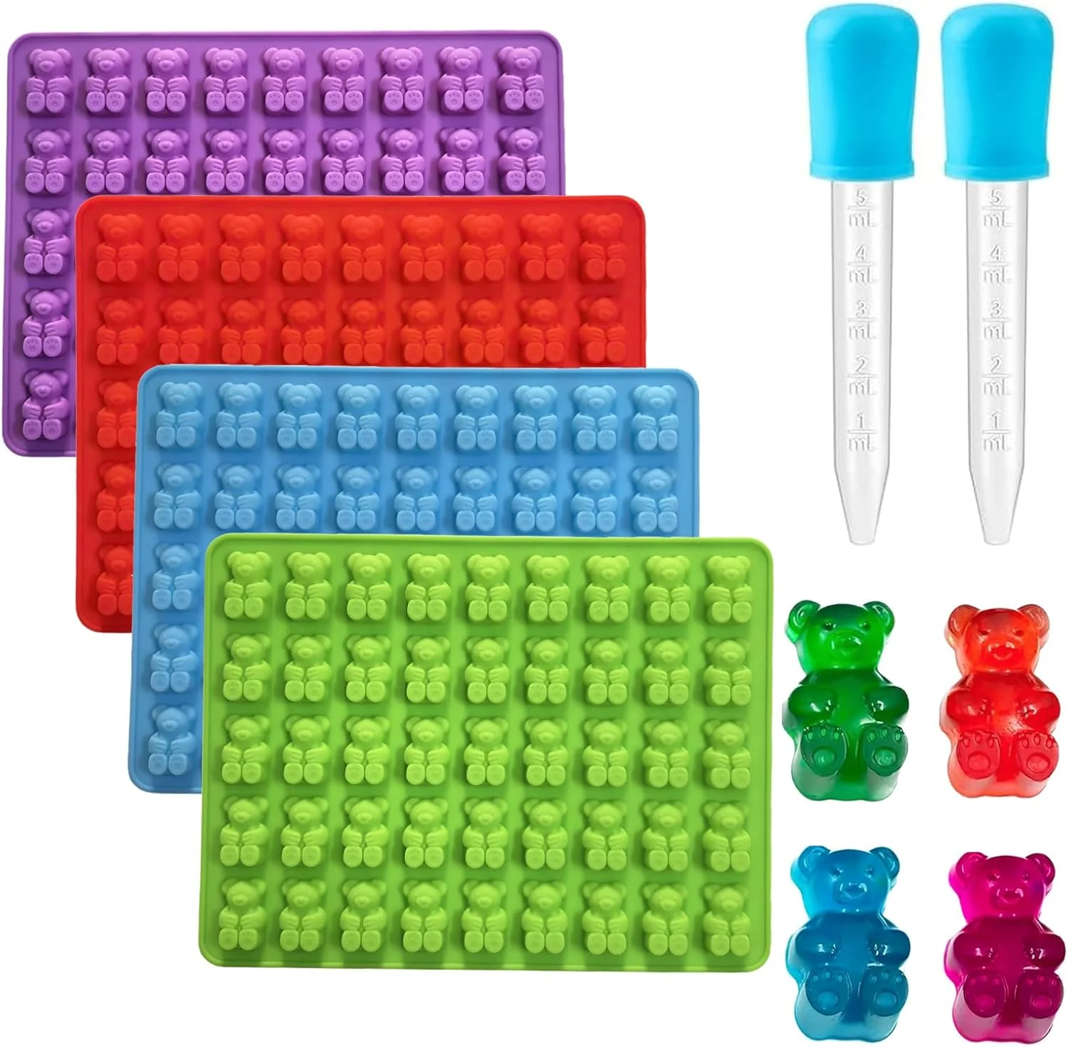 Proven Gummy Candy Molds - 4Pcs Silicone Gummy Bear Molds for Kids With 2pcs Dropper Non-stick and Bpa for Mini Candy Chocolate Gummies Baking Unique