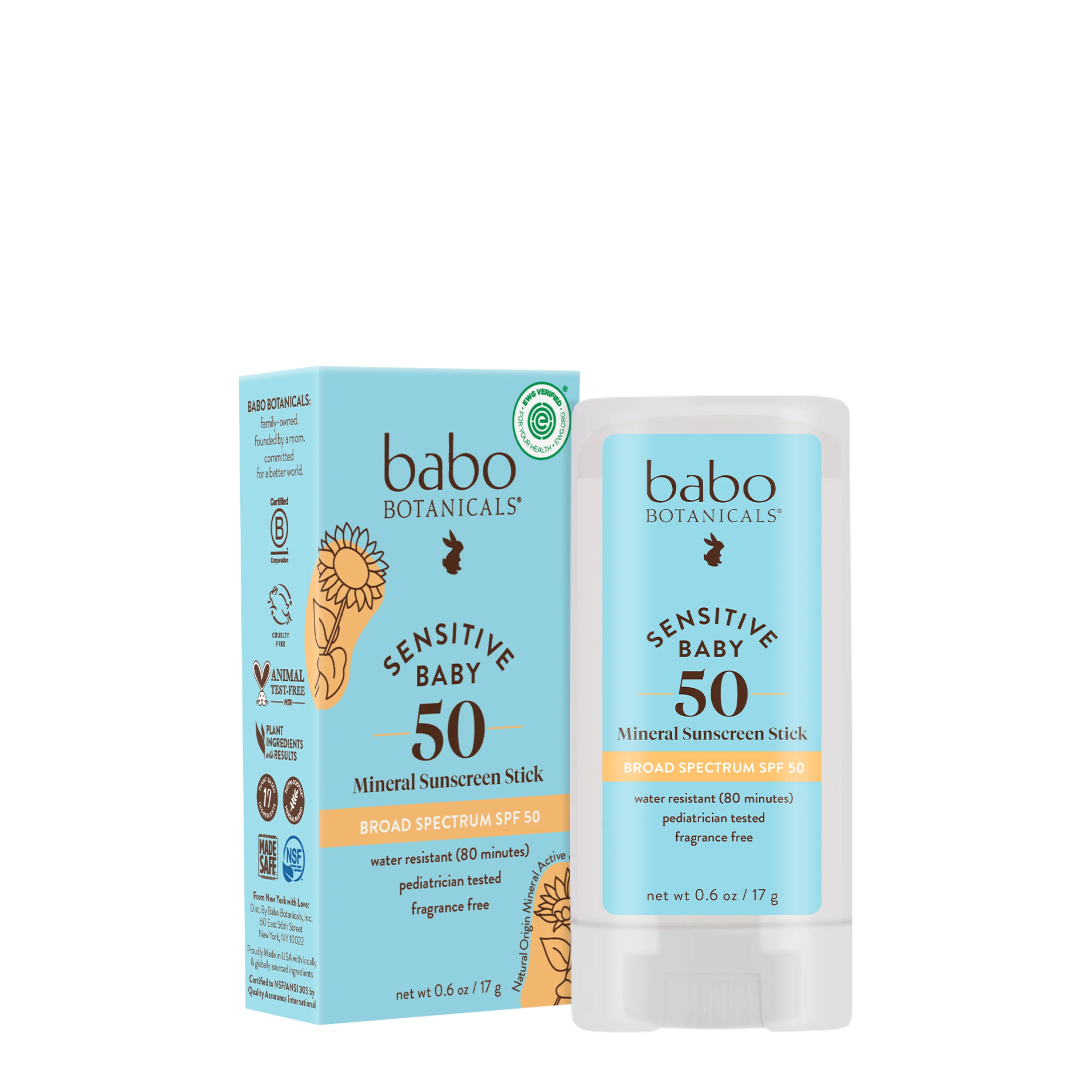 Genuine Babo Botanicals Sensitive Baby Mineral Sunscreen Stick SPF50 Eco-Friendly