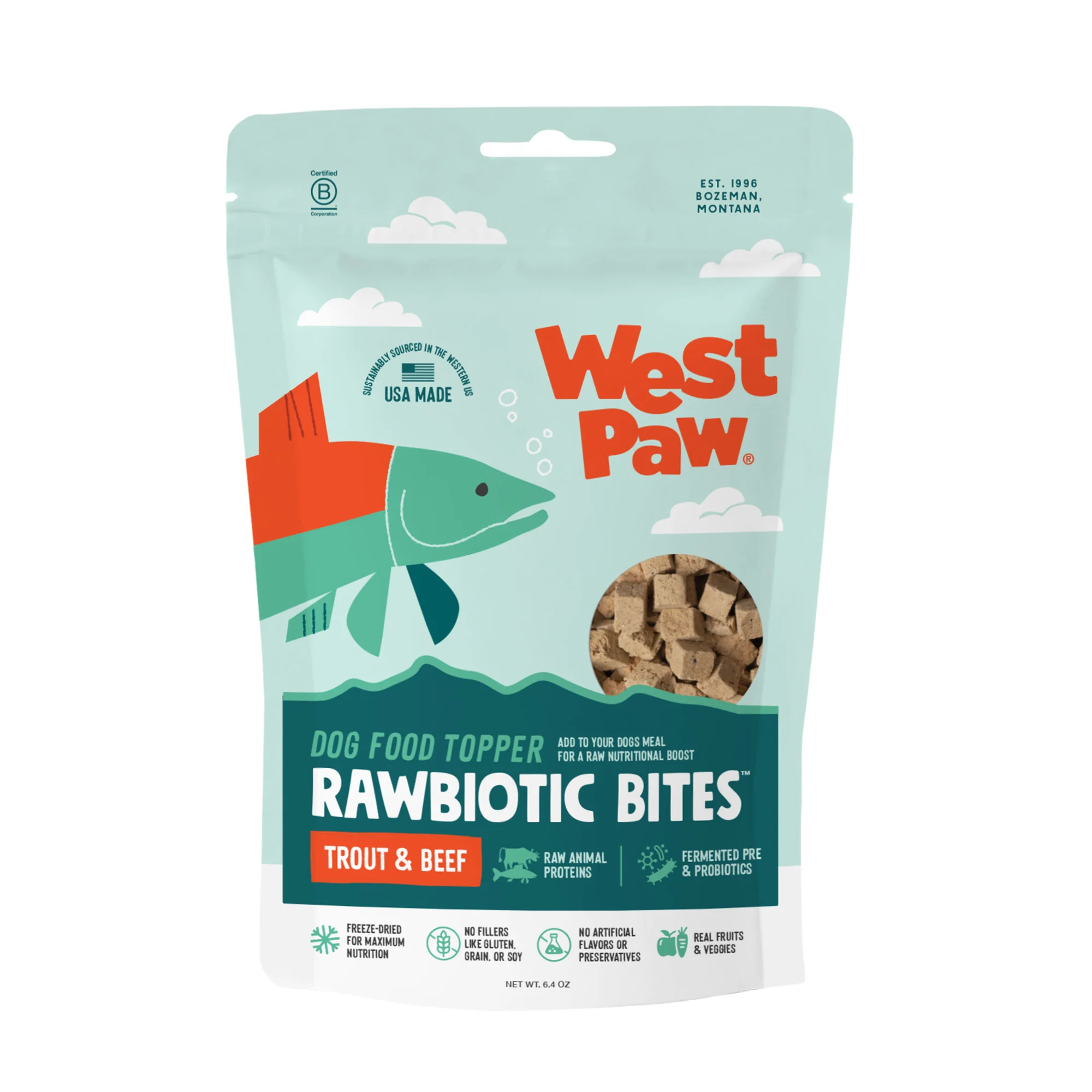 Practical West Paw Trout Beef Rawbiotic Bites Dog Food Topper High-Grade