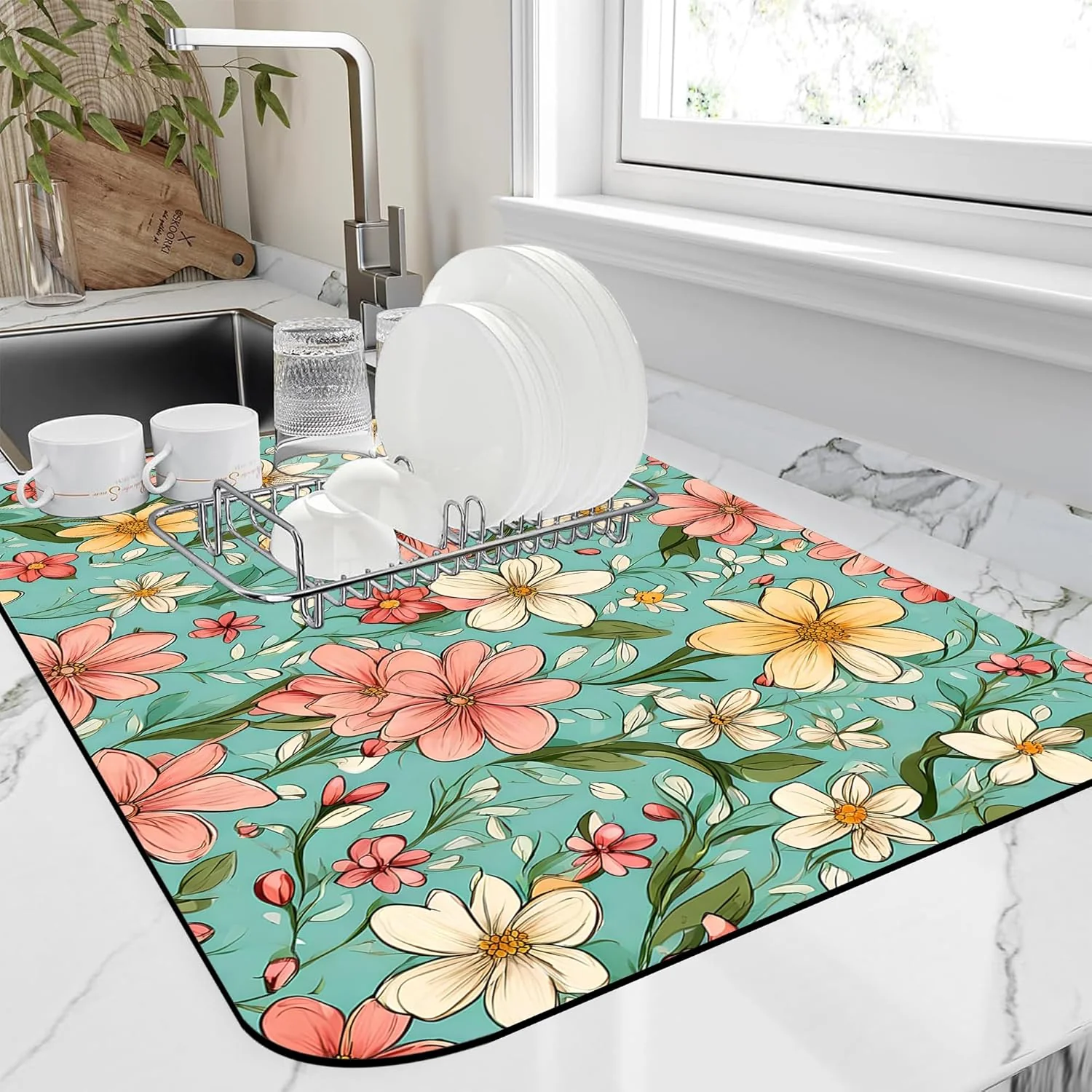 High-Quality Dish Drying Mat Spring Flower Kitchen Mat 12 x19 Bsorbent Coffee Maker Mat for Dishes Unique