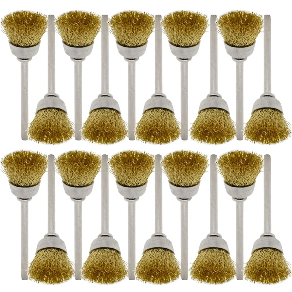 Organic 20PCS Brass Wire Brushes - Metal Rust Removal Cleaning and Polishing - 15mm Diameter 1 8″ 3mm Shaft - Removes Burrs Dust and Oxide Layer Premium Material