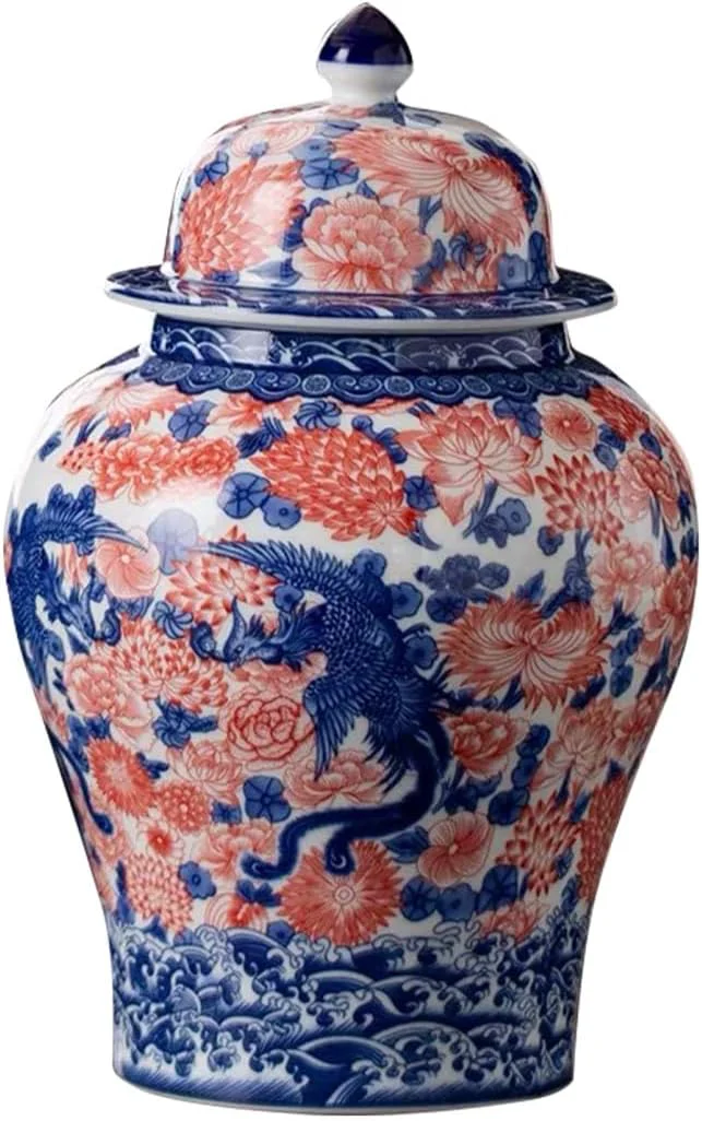 Genuine 8 inches Phoenix Ginger Jar - red Ceramic Decorative with Lid flower vase， chinoiserie gift Enamel jars for Home Kitchen Dining living room shelf Professional